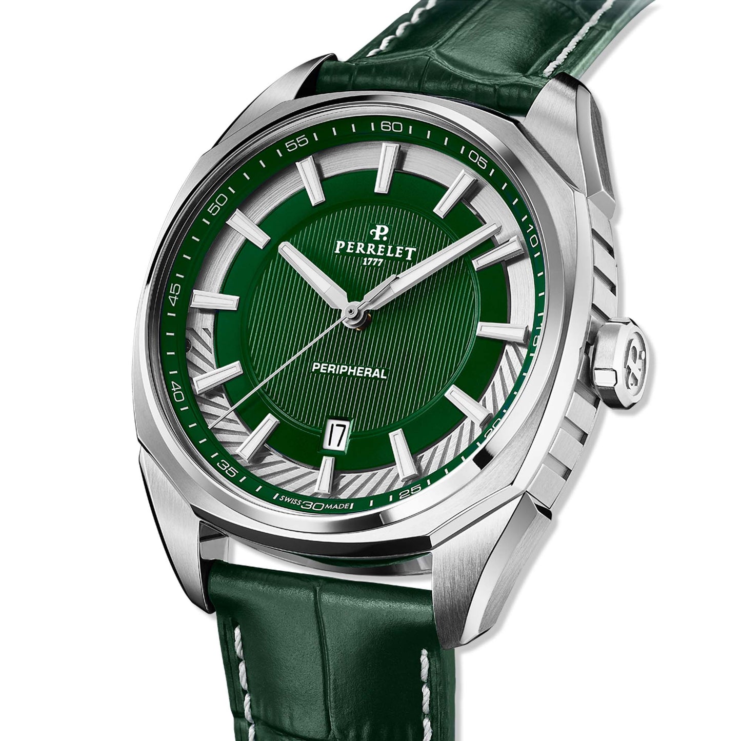 Experience the LAB Peripheral A1100/5 by Perrelet. A green-dial masterpiece featuring a 3-hand layout, peripheral rotor movement, and contemporary Swiss design.