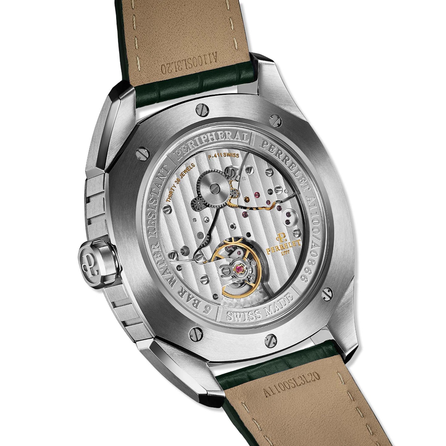 The Perrelet A1100/5 blends mechanical artistry with urban style. Its vivid green dial and 3-hand display make this LAB Peripheral a standout choice for collectors.