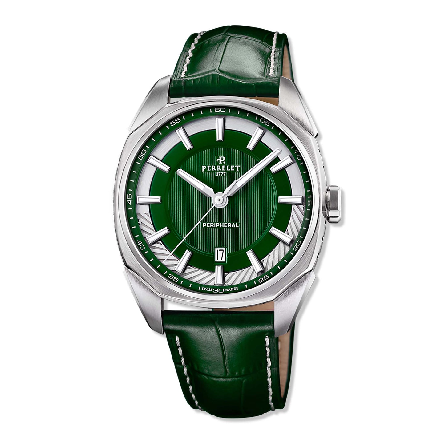 Discover the Perrelet LAB Peripheral A1100/5 with its signature green dial and sleek 3-hand display. A modern take on Swiss mechanical innovation and elegance.