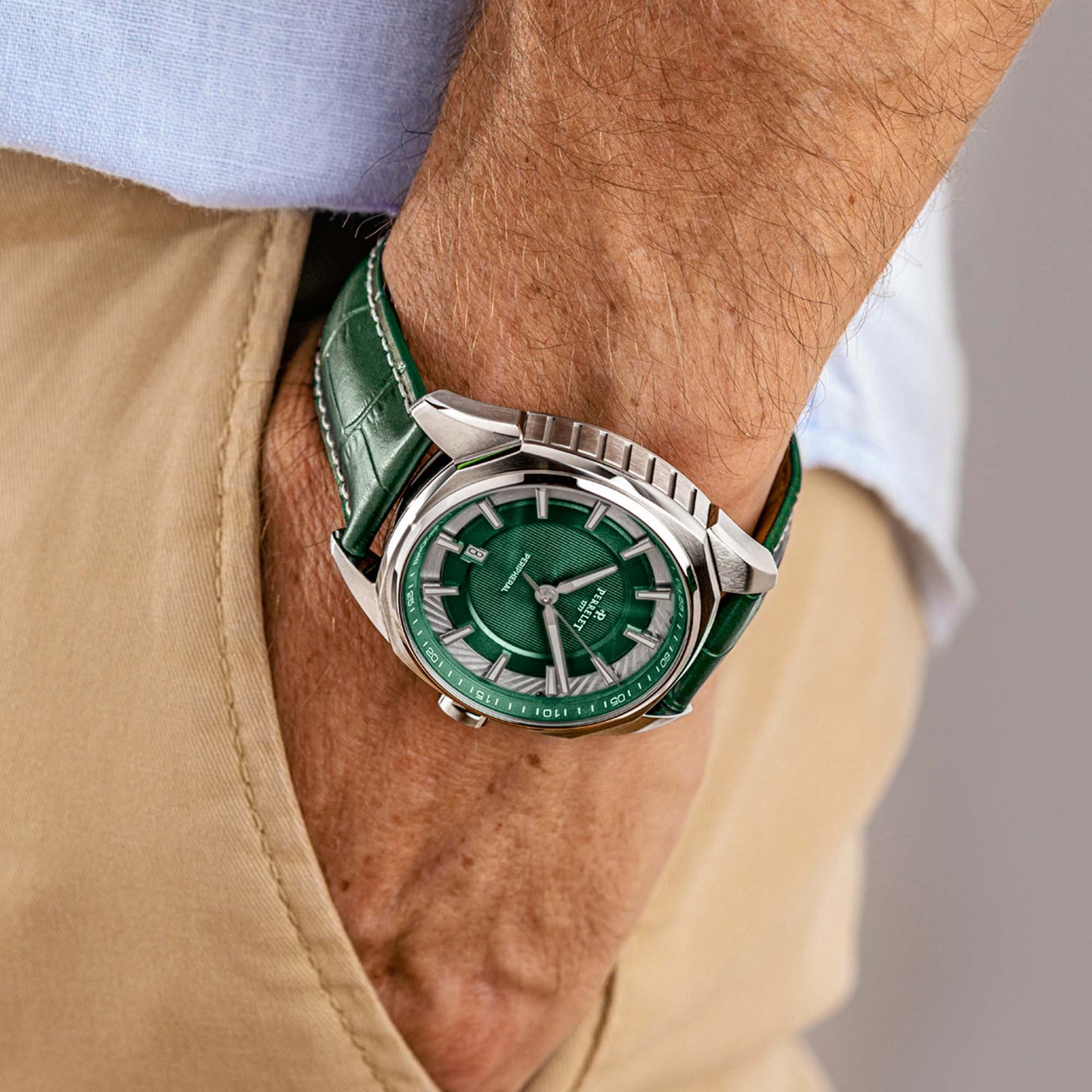 Perrelet LAB Peripheral A1100/5 in green—bold, minimal, and technically refined. Explore this 3-hand Swiss timepiece with an in-house automatic movement.