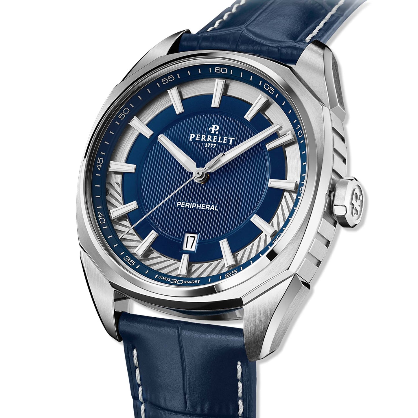 Discover the Perrelet A1100/4 with its striking blue dial and minimalist 3-hand layout. A refined Swiss automatic watch with innovative peripheral winding.