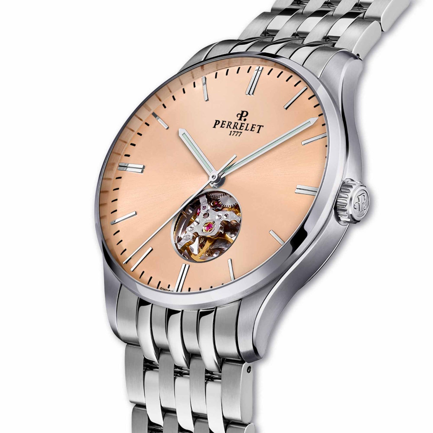 Salmon tones meet Swiss craftsmanship in the Perrelet A1302/D – an open heart watch with everyday elegance.