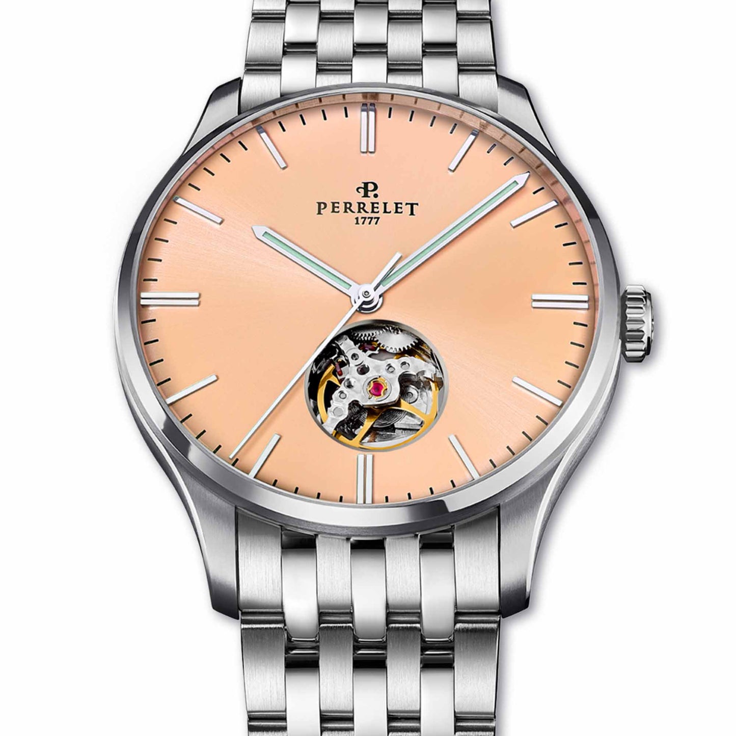 Perrelet A1302/D showcases mechanical artistry through an open heart display on a classic salmon dial.