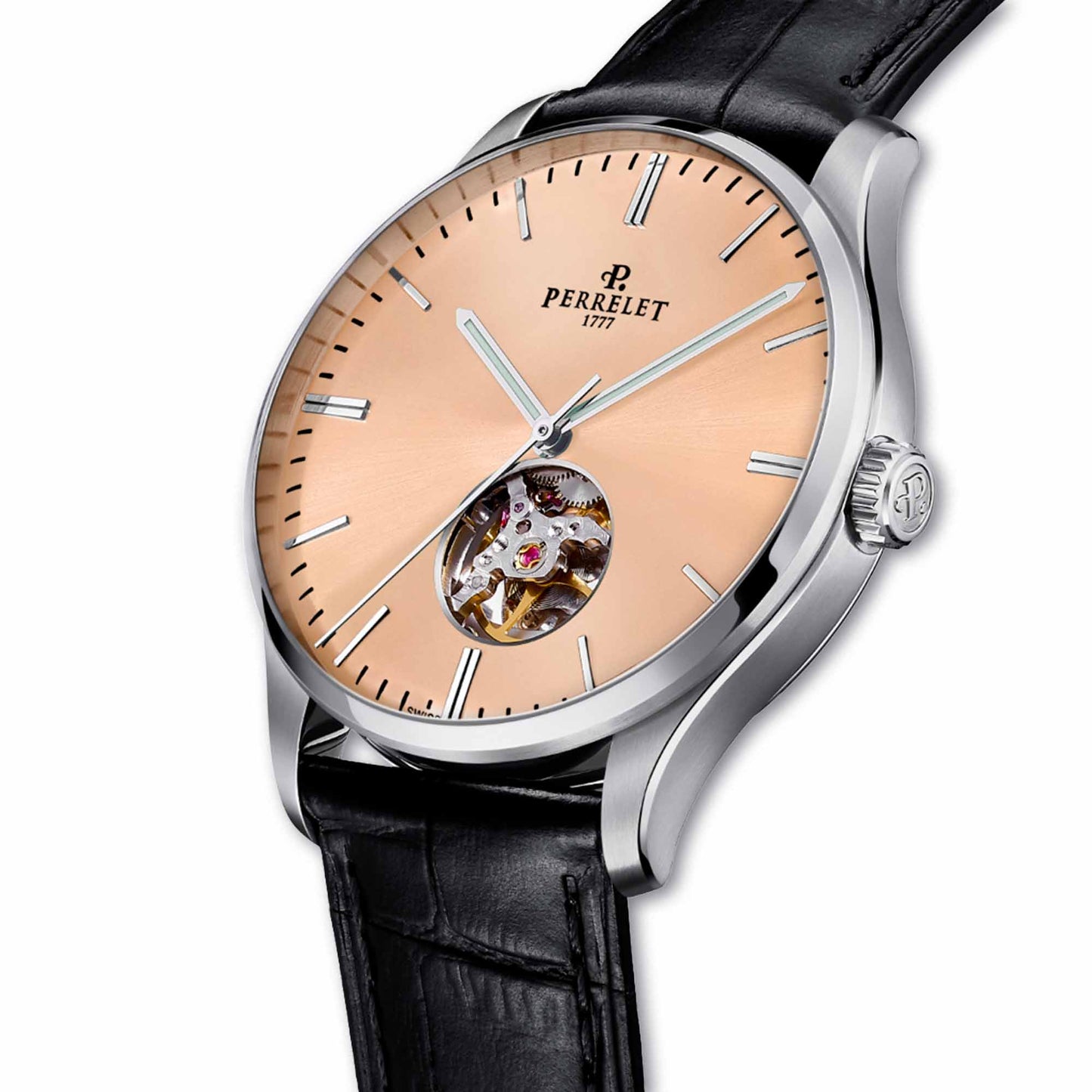 Perrelet A1302/E offers a warm, elegant look with its salmon open heart dial and signature Swiss craftsmanship.