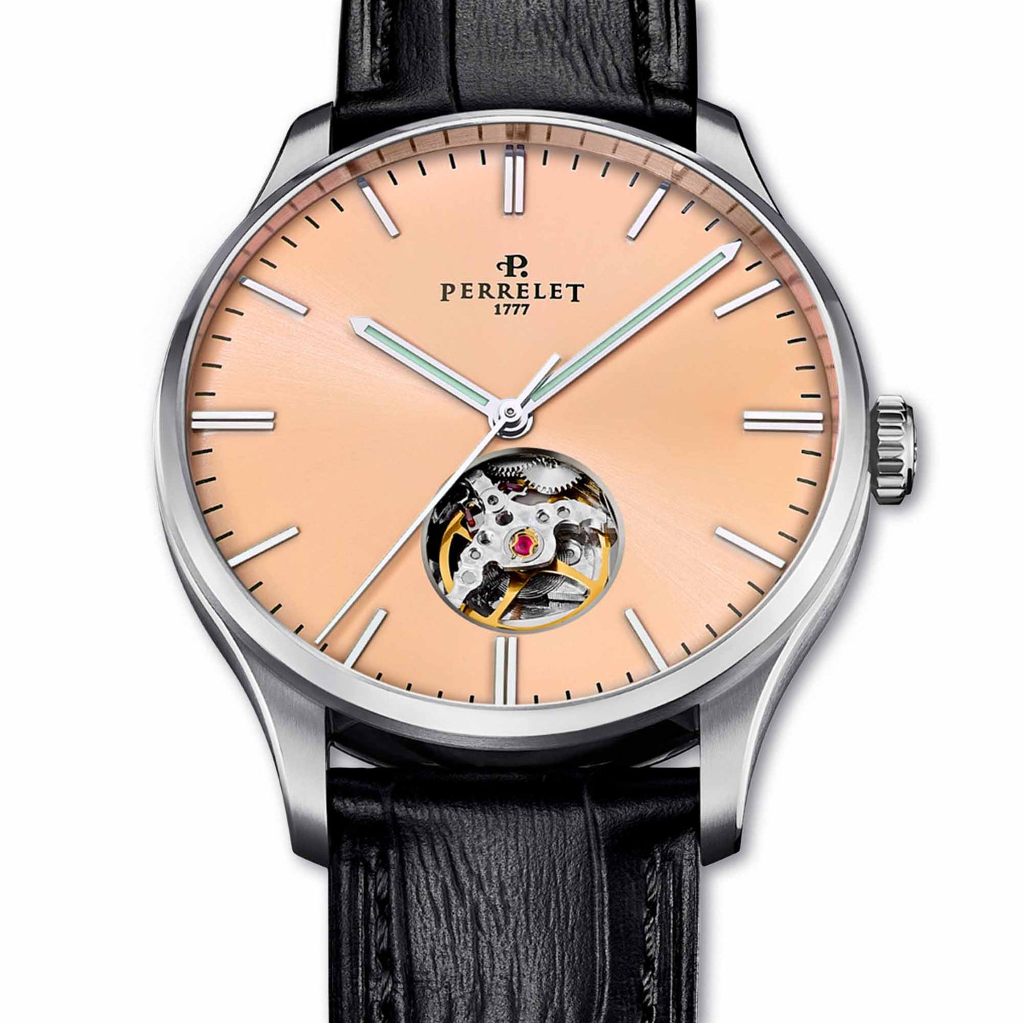 The Perrelet A1302/E reveals its beating heart through a salmon dial – classic design meets modern mechanics.