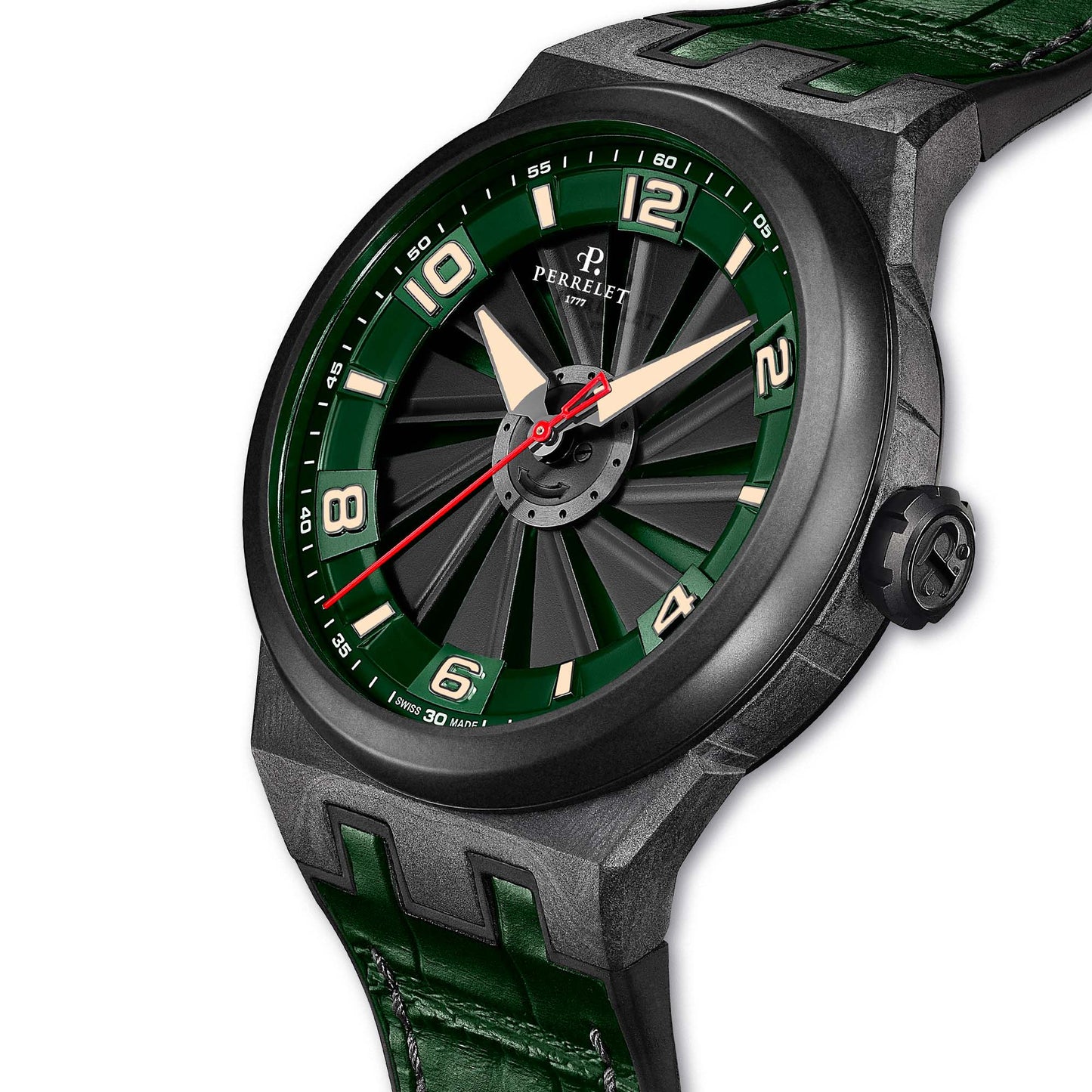 Perrelet A4065/4 delivers high-tech carbon fiber style with the iconic spinning turbine and forest green details.