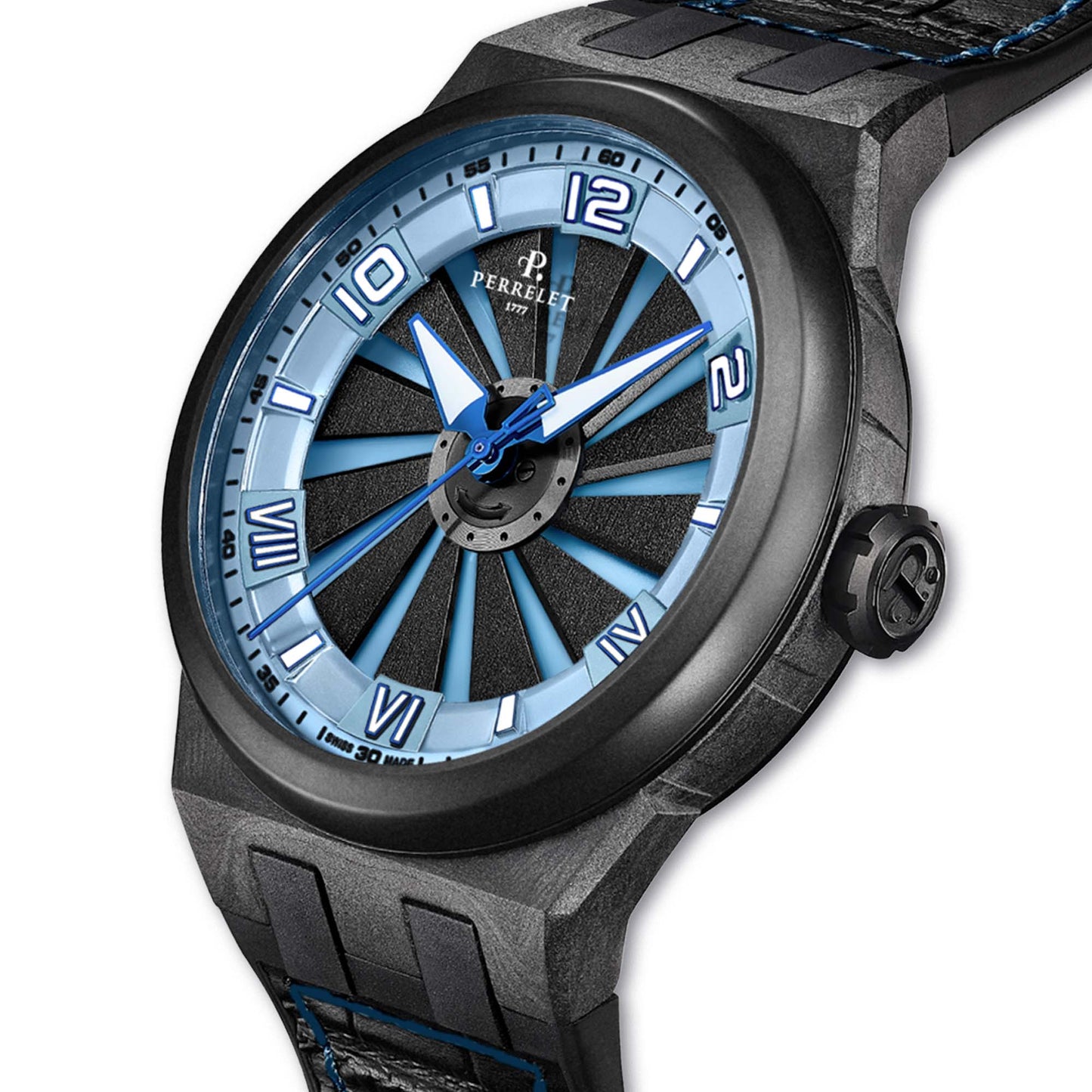 TURBINE Carbon Ice Blue A4065/5 showcases a spinning dial, carbon case, and cool blue tones in motion.