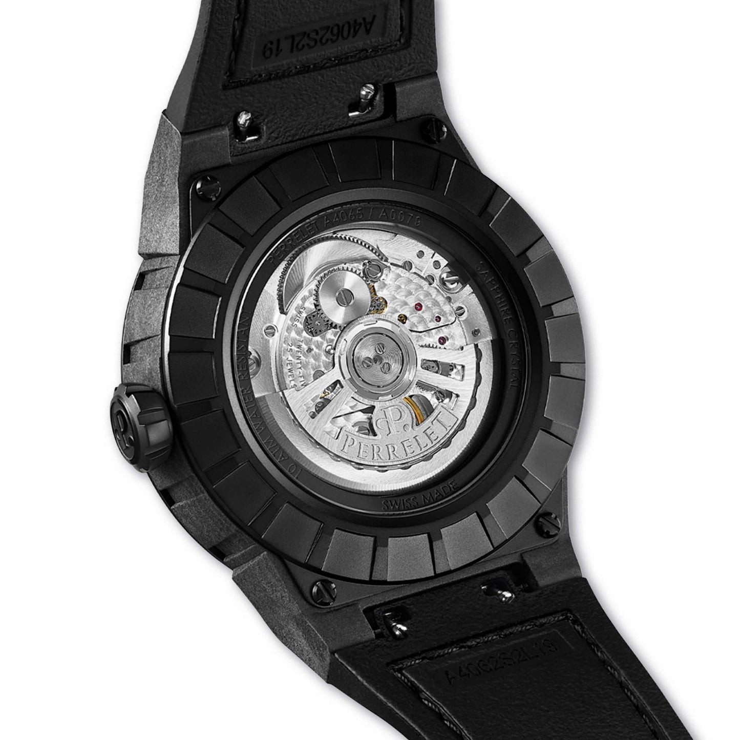 Perrelet A4065/5 delivers kinetic energy and Swiss precision with a carbon case and icy blue turbine blades.
