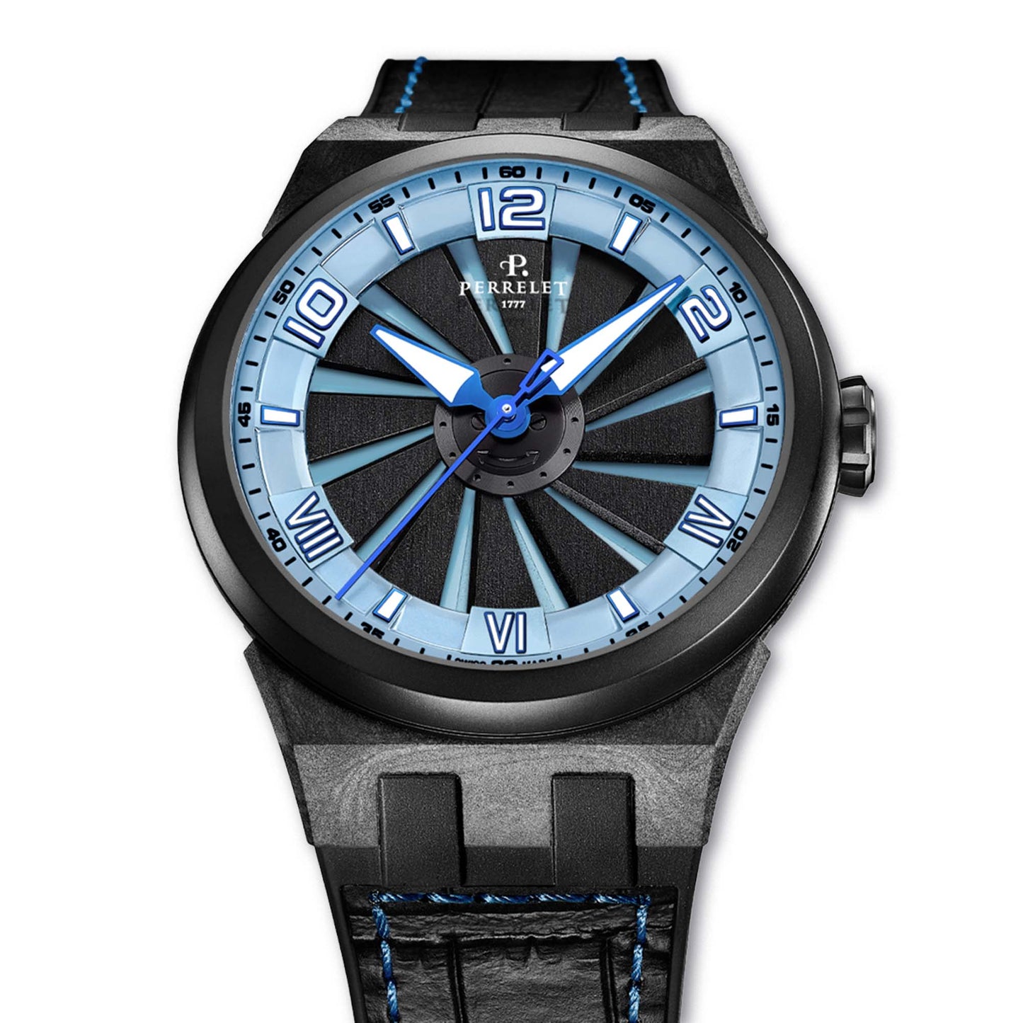 Ice blue meets innovation in the Perrelet TURBINE A4065/5 – carbon construction and spinning dial power.
