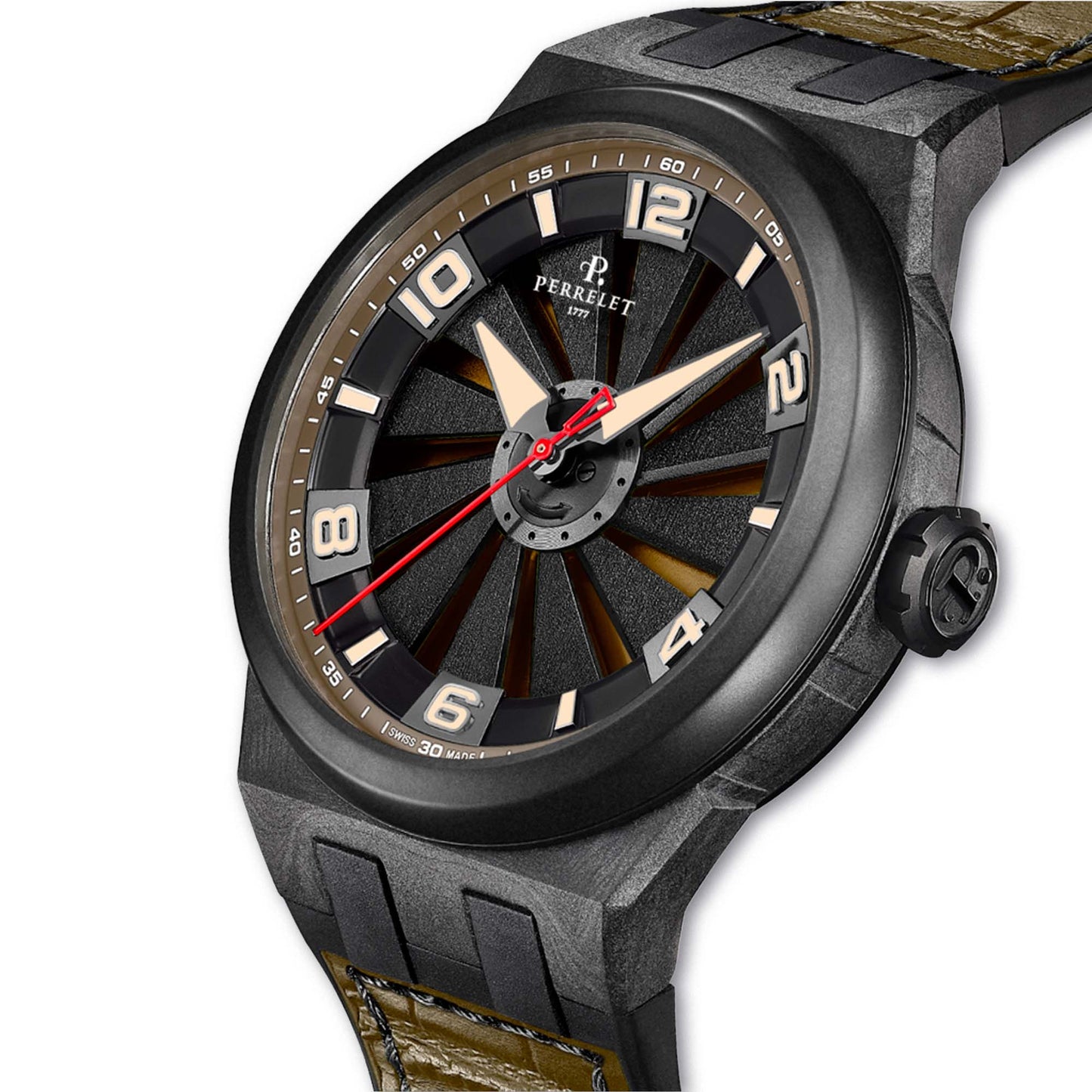 A4065/8 TURBINE Khaki delivers Swiss automatic performance with a camouflage-inspired color and turbine movement.