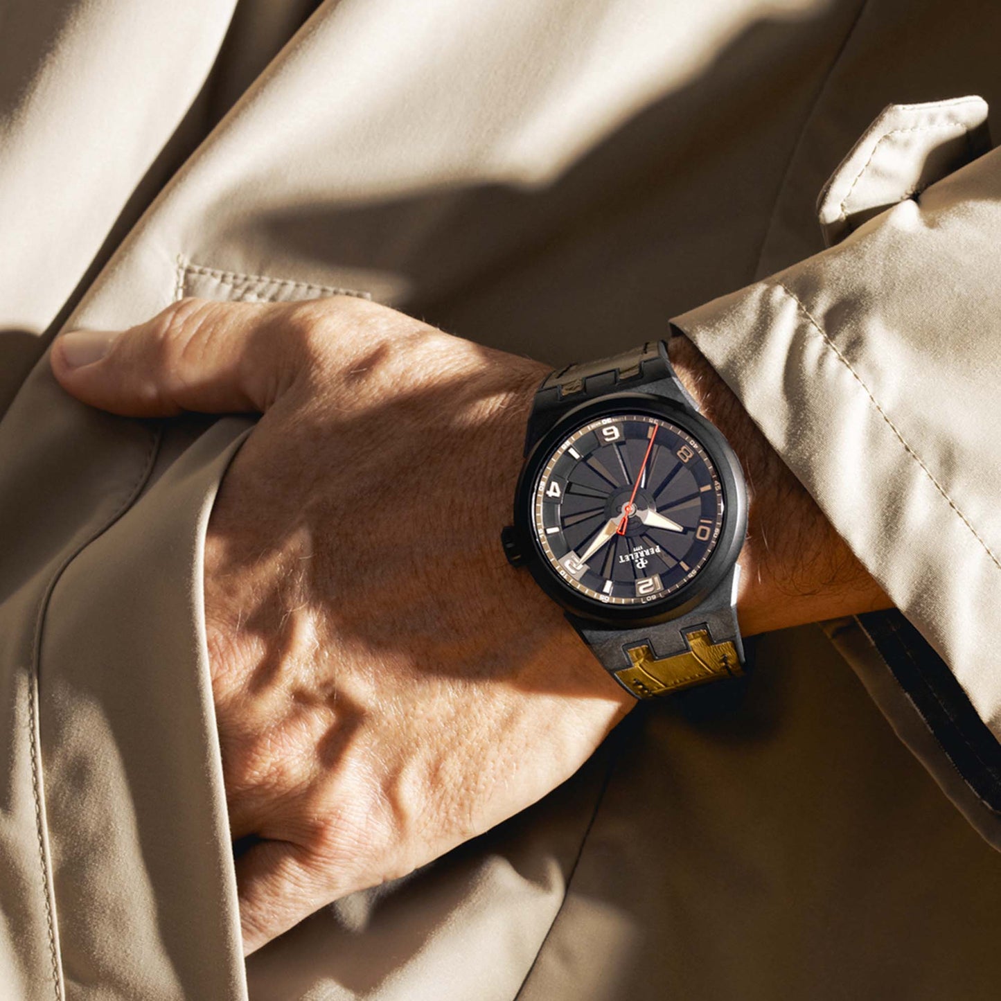TURBINE Carbon Khaki A4065/8 blends military green tones with Swiss kinetic motion and carbon fiber strength.