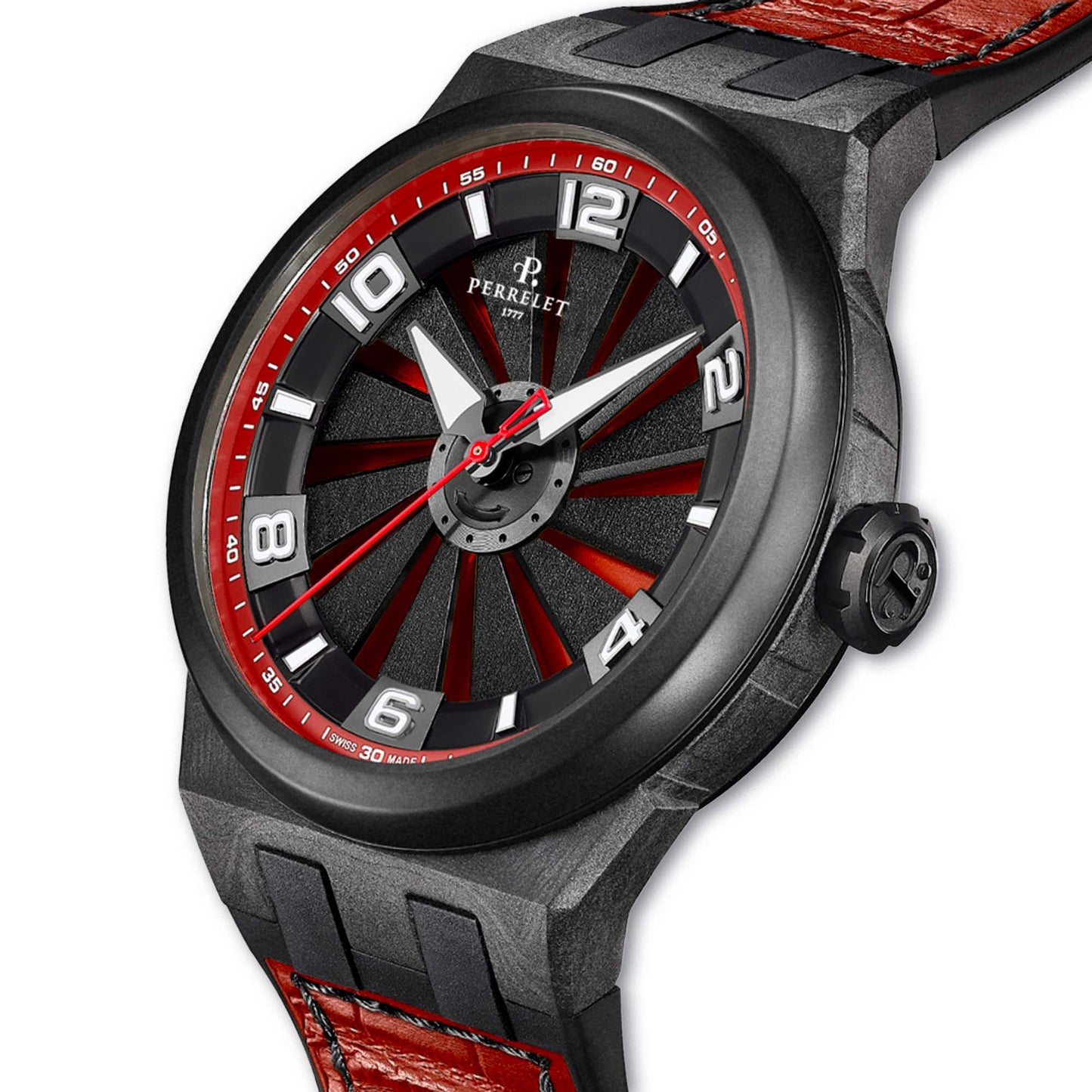 TURBINE Red A4065/6 by Perrelet delivers motion, color, and carbon fiber in a bold automatic timepiece.