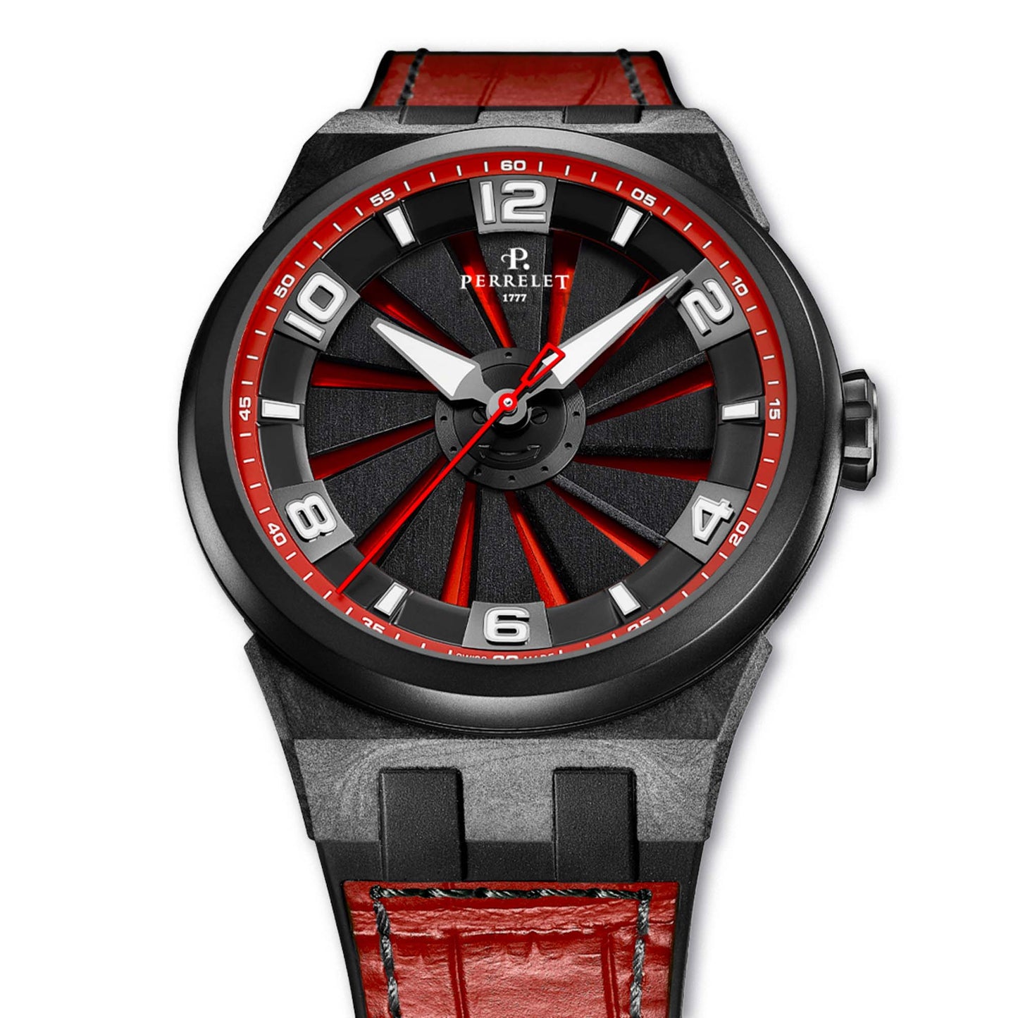 Perrelet TURBINE A4065/6 features a fiery red dial beneath a kinetic turbine for striking visual impact.