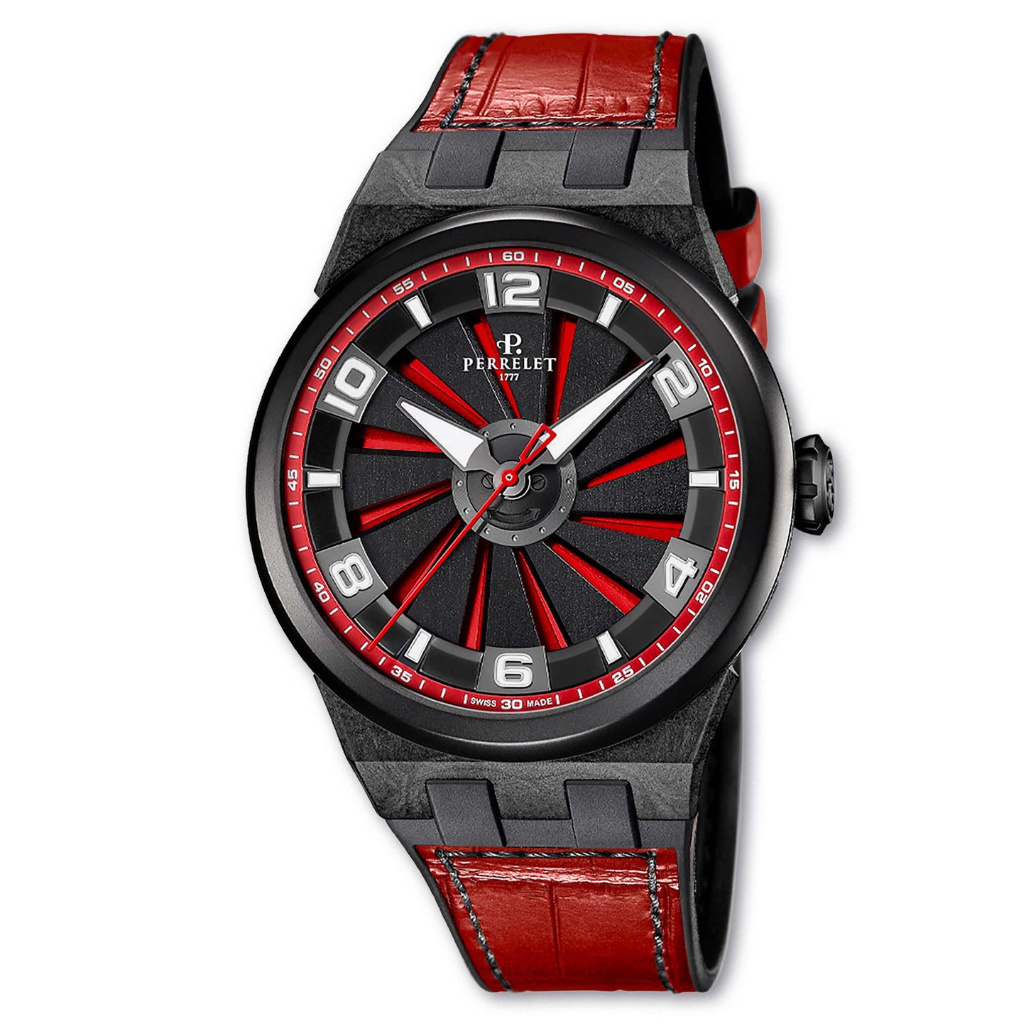 Perrelet A4065/6 ignites the wrist with a red turbine dial and high-tech carbon case – pure kinetic energy.