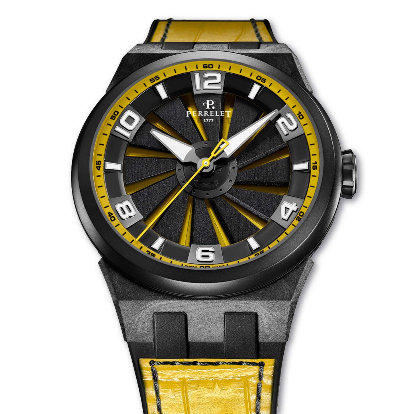 A4065/7 TURBINE Yellow pairs kinetic design and Swiss precision with bold carbon and high-contrast color.