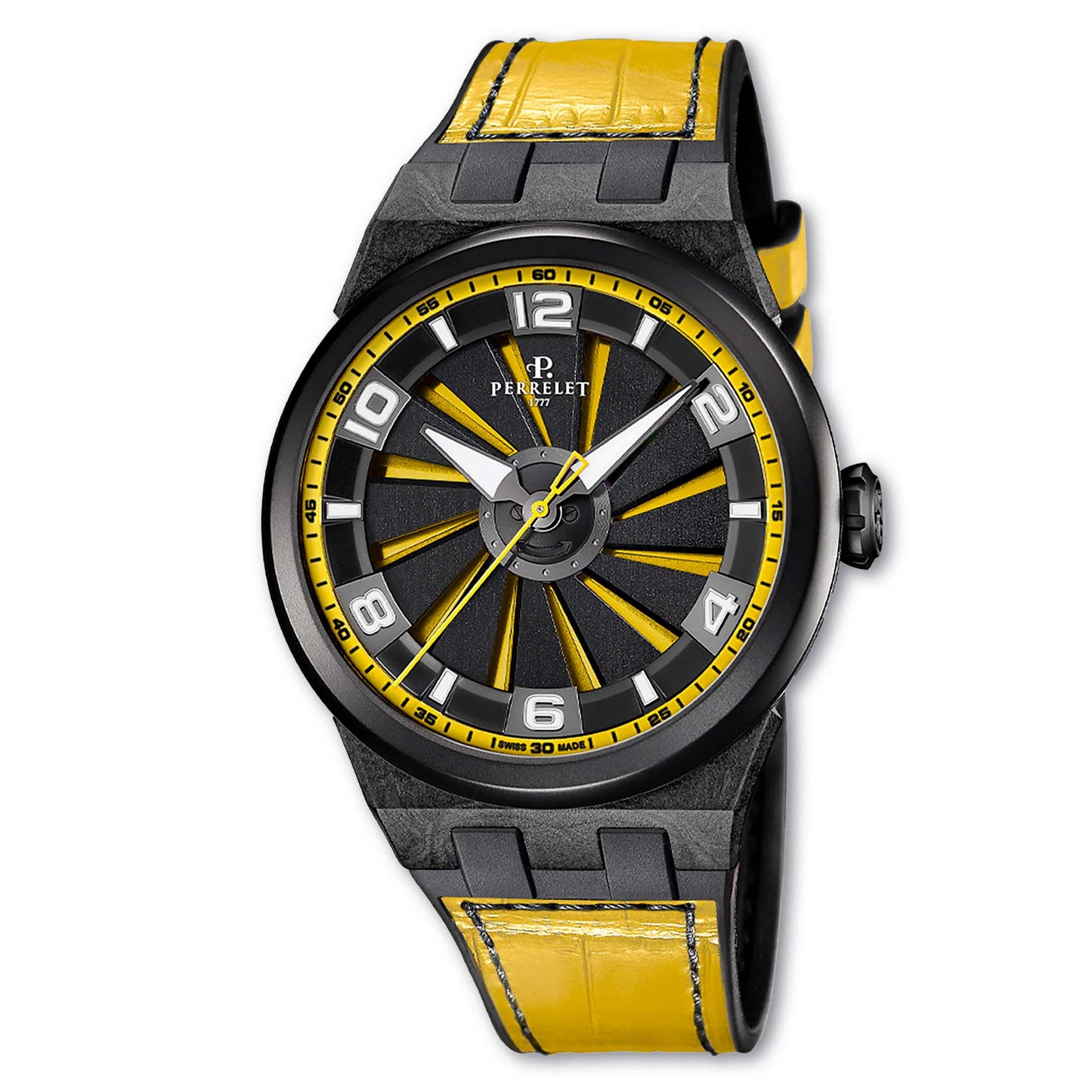 Perrelet A4065/7 stands out with a vibrant yellow turbine dial and lightweight carbon case – kinetic Swiss design.