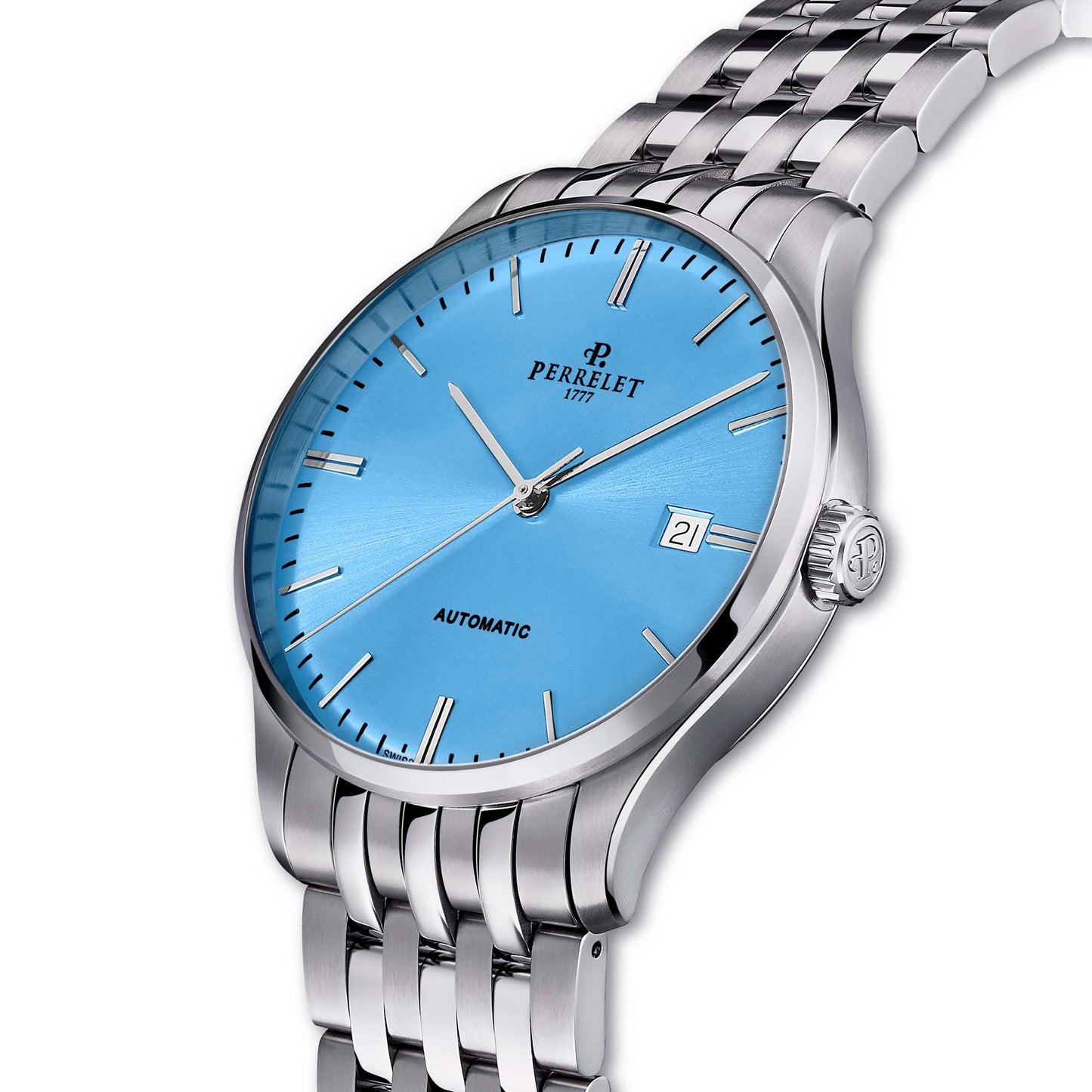 Perrelet A1300/B stuns with an ice blue dial and Swiss automatic movement – cool elegance for any occasion.