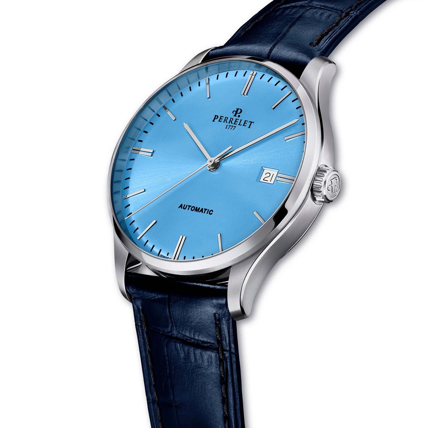 Perrelet A1300/C delivers a clean ice blue look paired with precision Swiss watchmaking and timeless design.