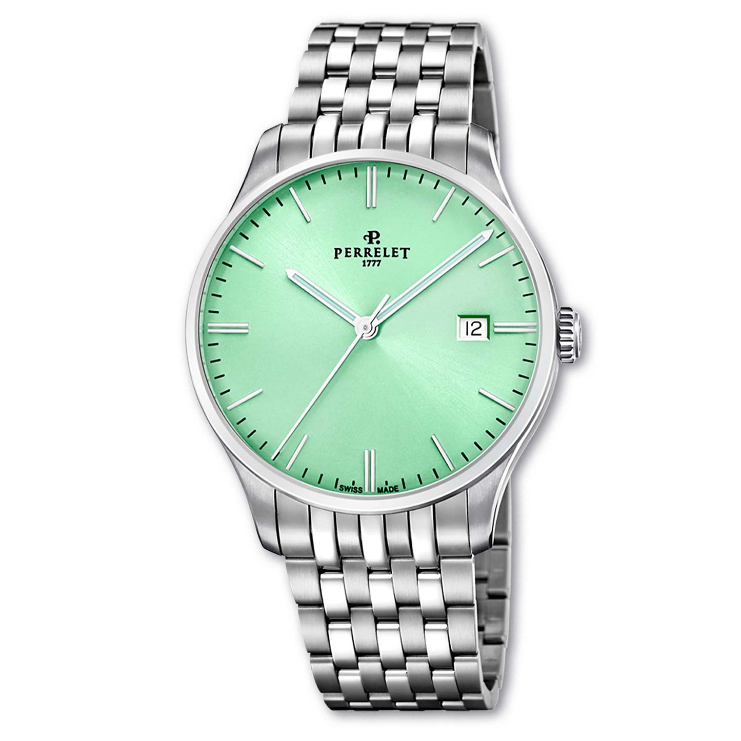 Perrelet A1300/D pairs a soft mint green dial with timeless Swiss automatic design – a fresh take on everyday elegance.
