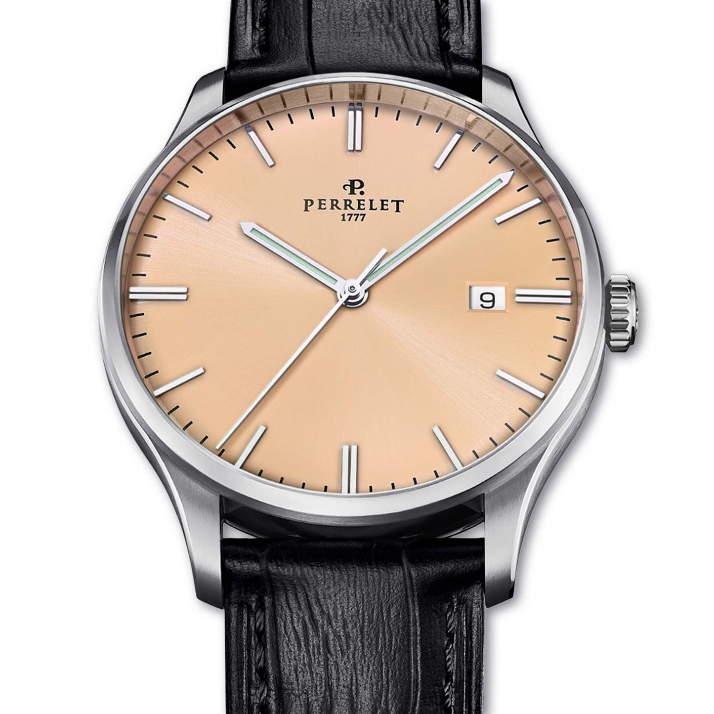 Shop the Perrelet WEEKEND A1300/G – elegant 3-hand automatic with a salmon dial and sleek stainless steel case.