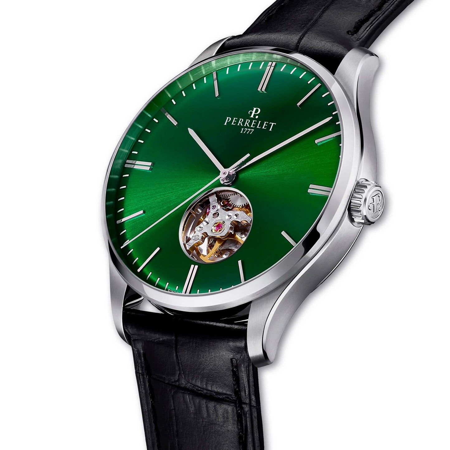 Discover the Perrelet A1302/8 – open heart design, green dial, and Swiss movement shown from hero to caseback.