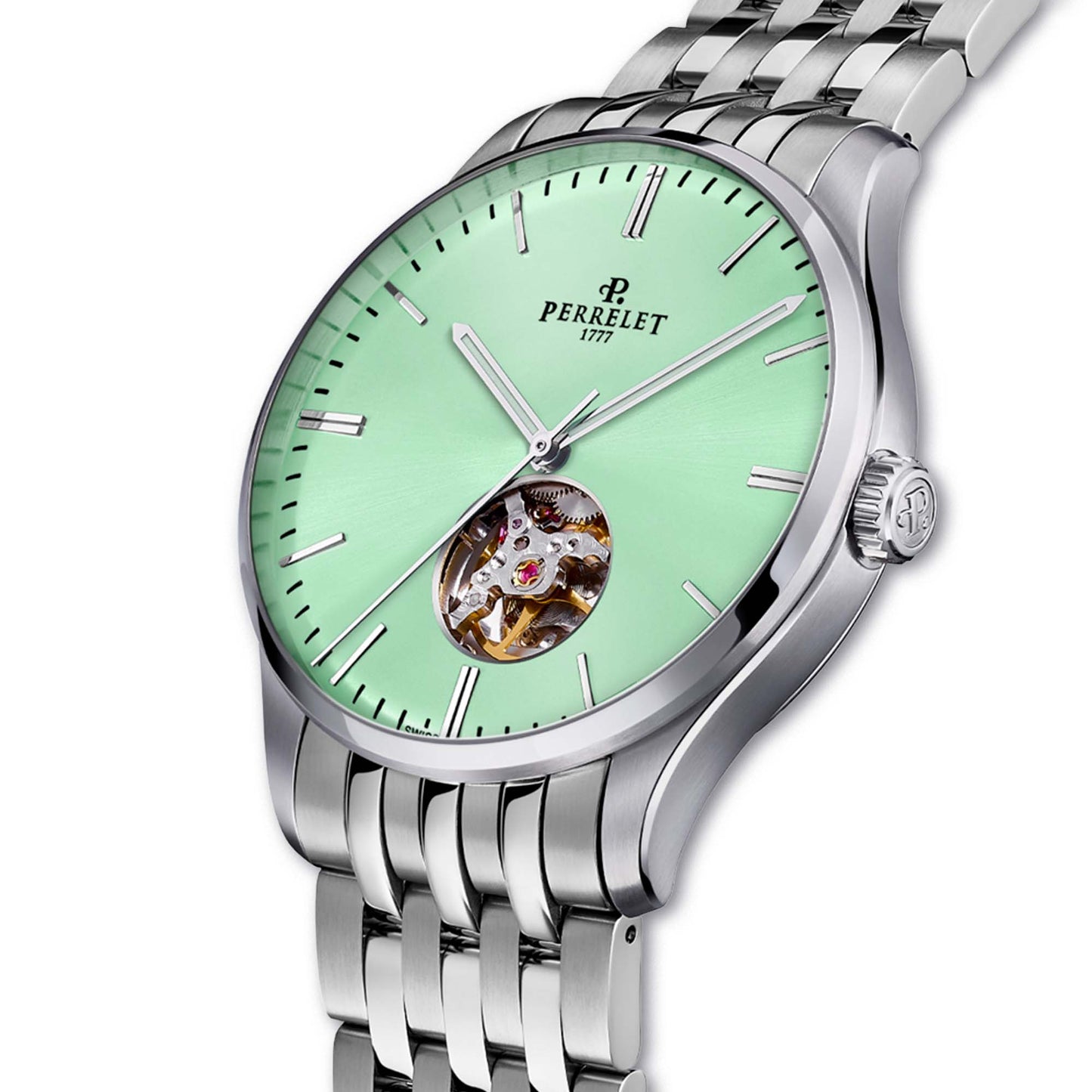 Discover the Perrelet A1302/B – a fresh mint green open heart watch with timeless design and Swiss precision.