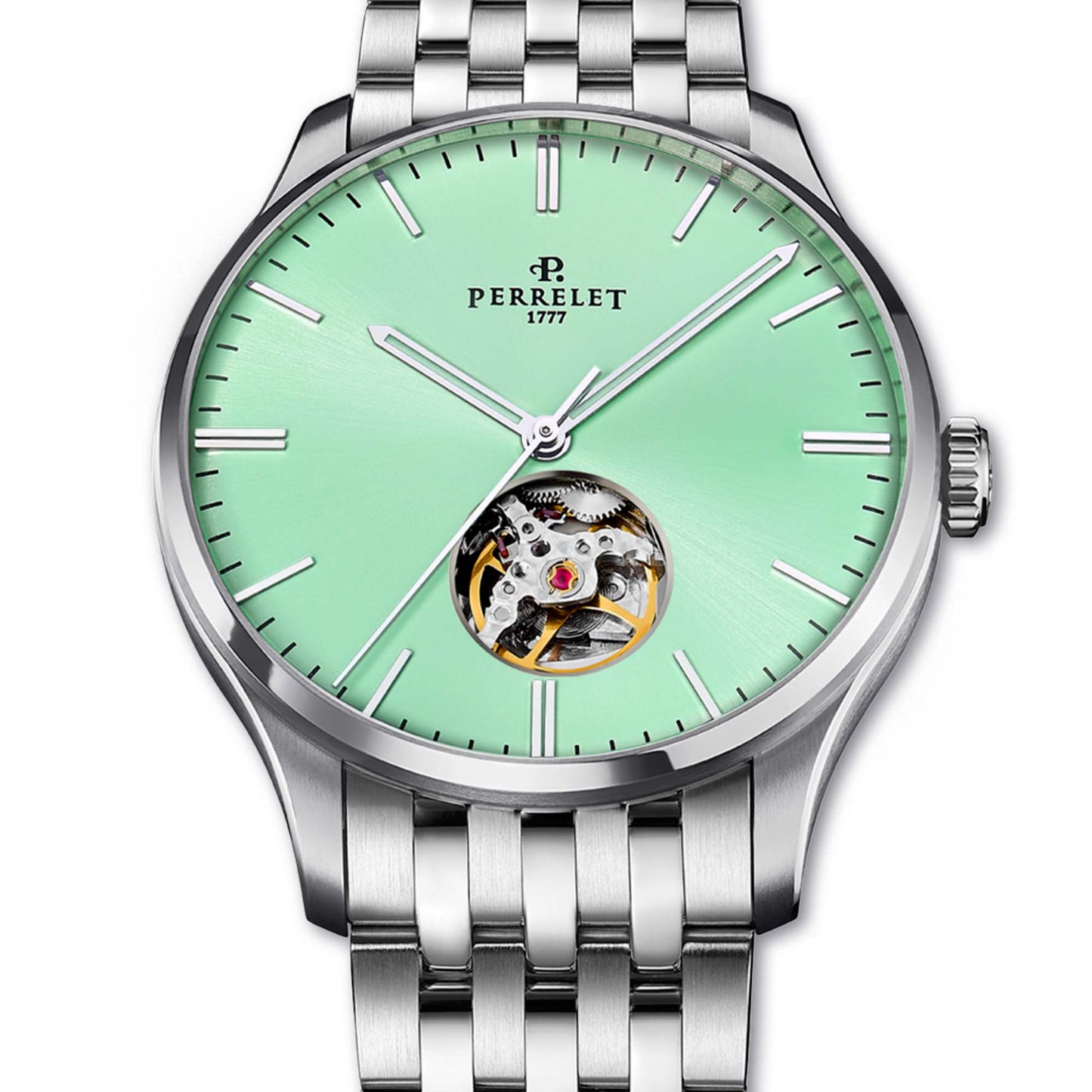 Perrelet A1302/B showcases a mint green dial with an open heart design – elegant, modern, and mechanically refined.