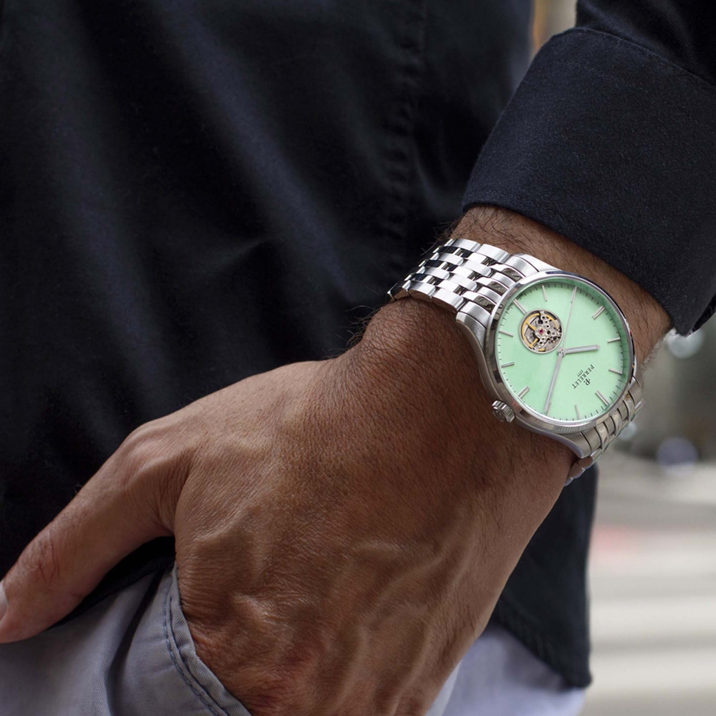 WEEKEND Open Heart A1302/B blends mint green tones with visible mechanics and classic Swiss craftsmanship.