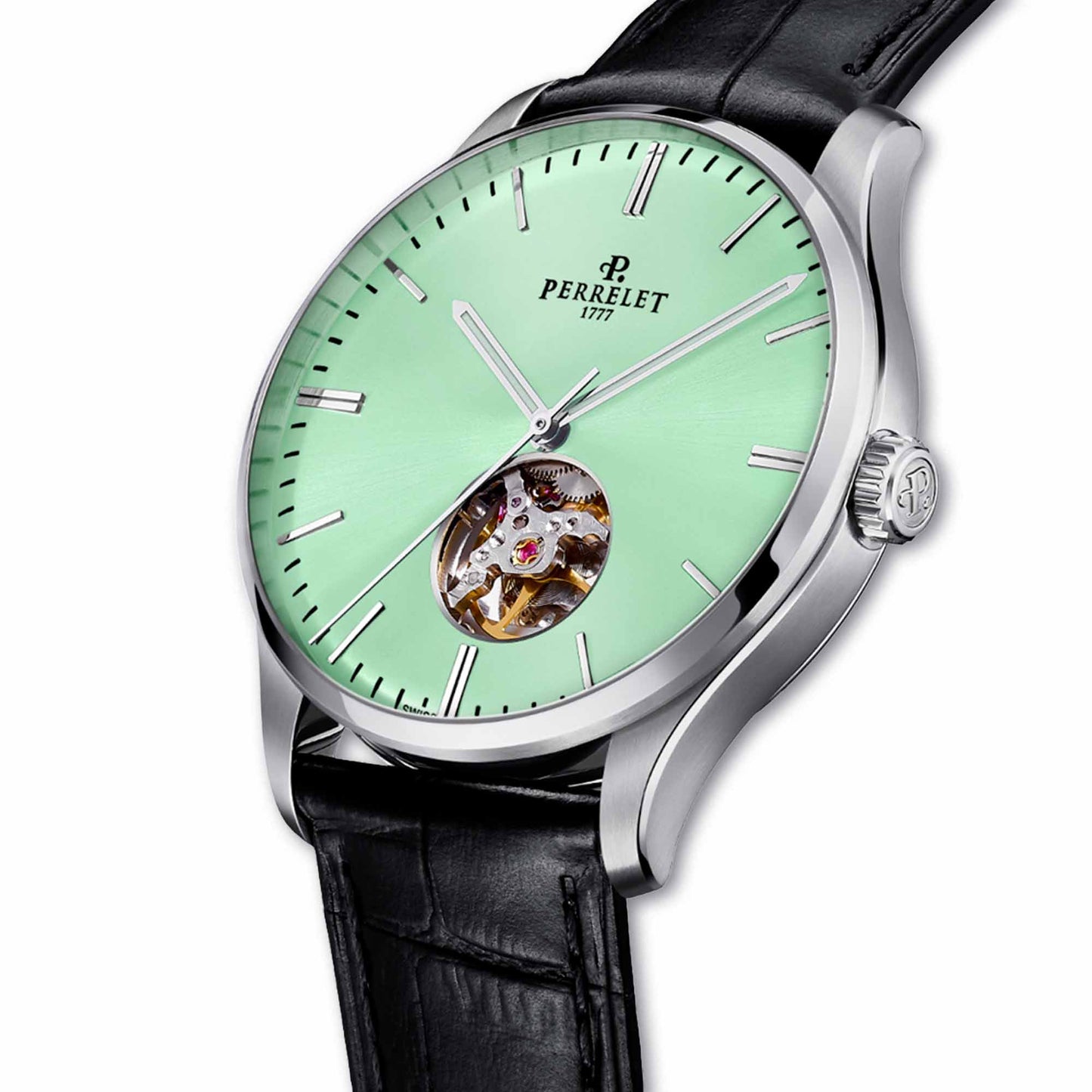 The Perrelet A1302/C features an open heart display set against a mint green dial – refined, balanced, and contemporary.