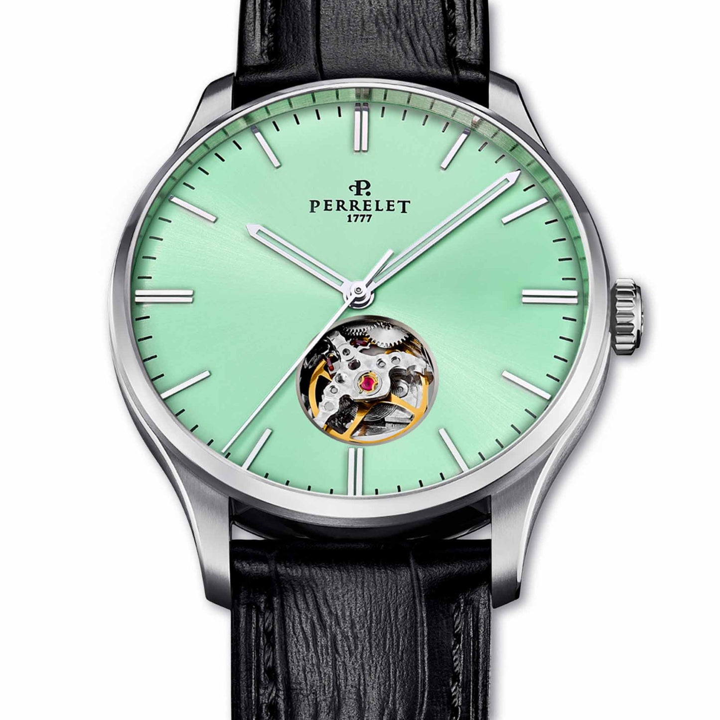 Perrelet A1302/C stands out with a mint green open heart dial and sleek case design powered by Swiss precision.