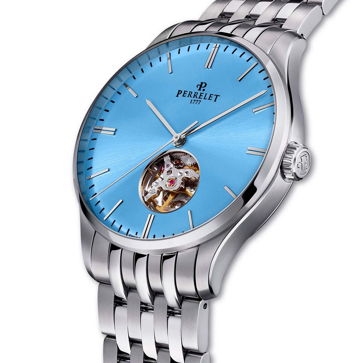 Perrelet A1302/9 angled view highlights the ice blue dial’s depth and open heart mechanics in a refined, contemporary case profile.