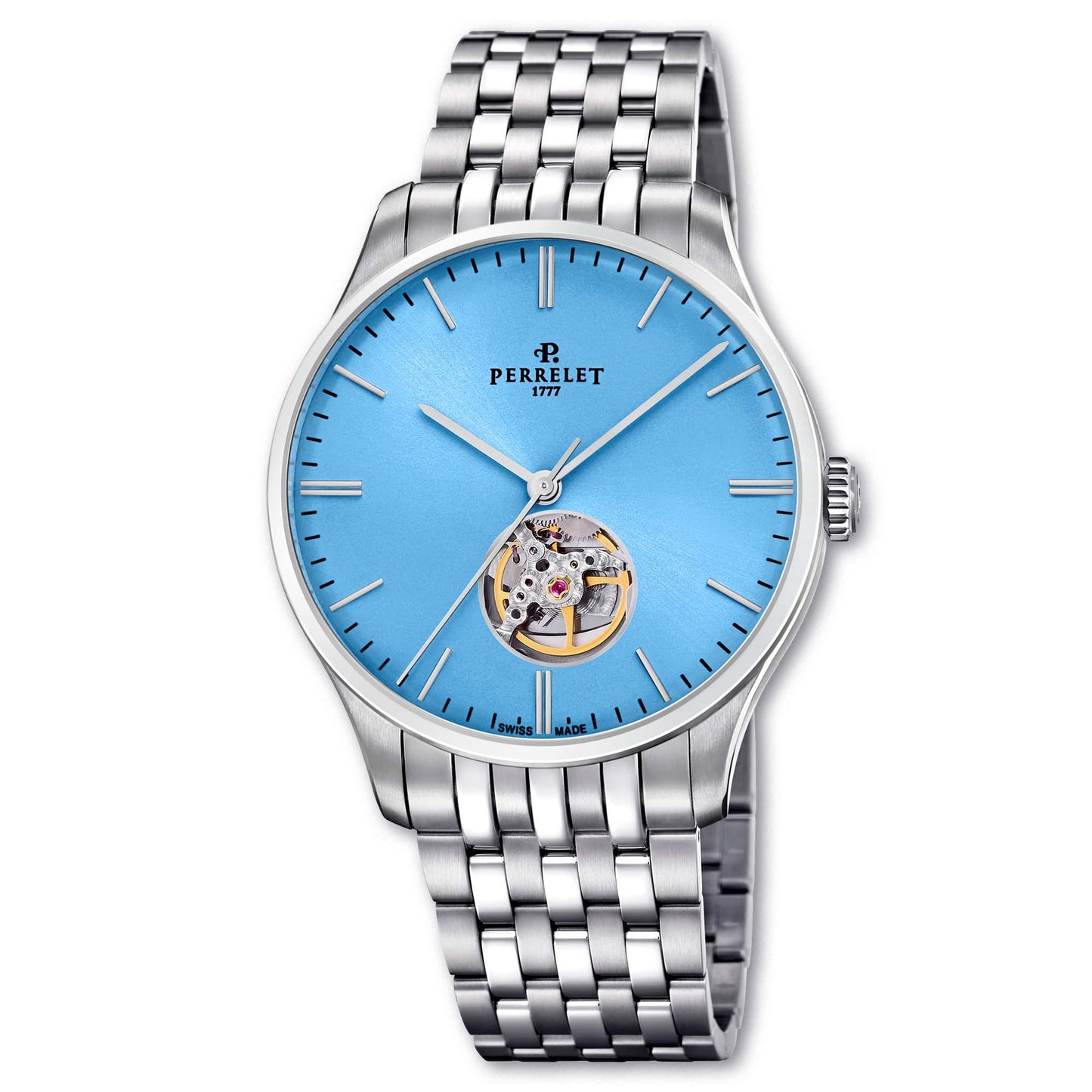 Perrelet A1302/9 hero shot captures the full elegance of its ice blue open heart dial, sleek case, and stainless steel bracelet.