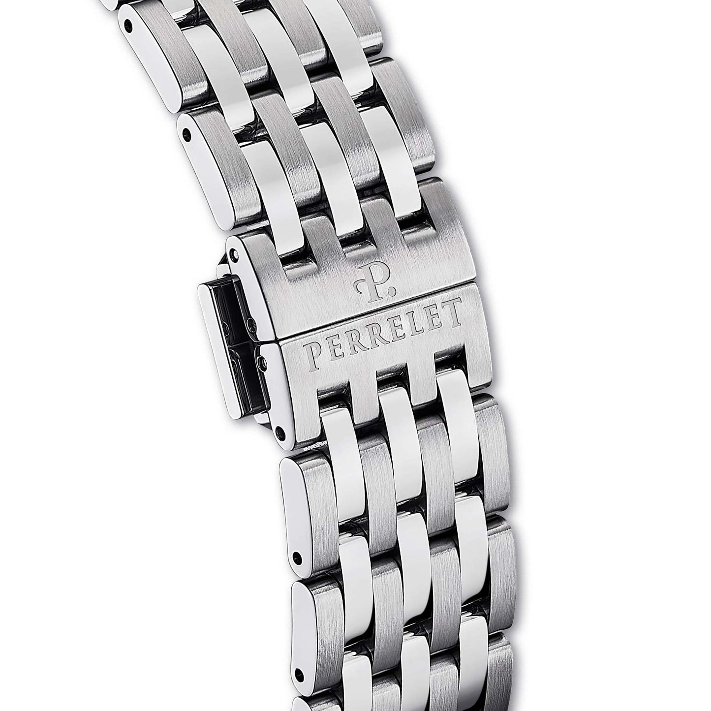 The Perrelet A1302/9 features a polished stainless steel bracelet that complements the ice blue dial and adds everyday versatility.