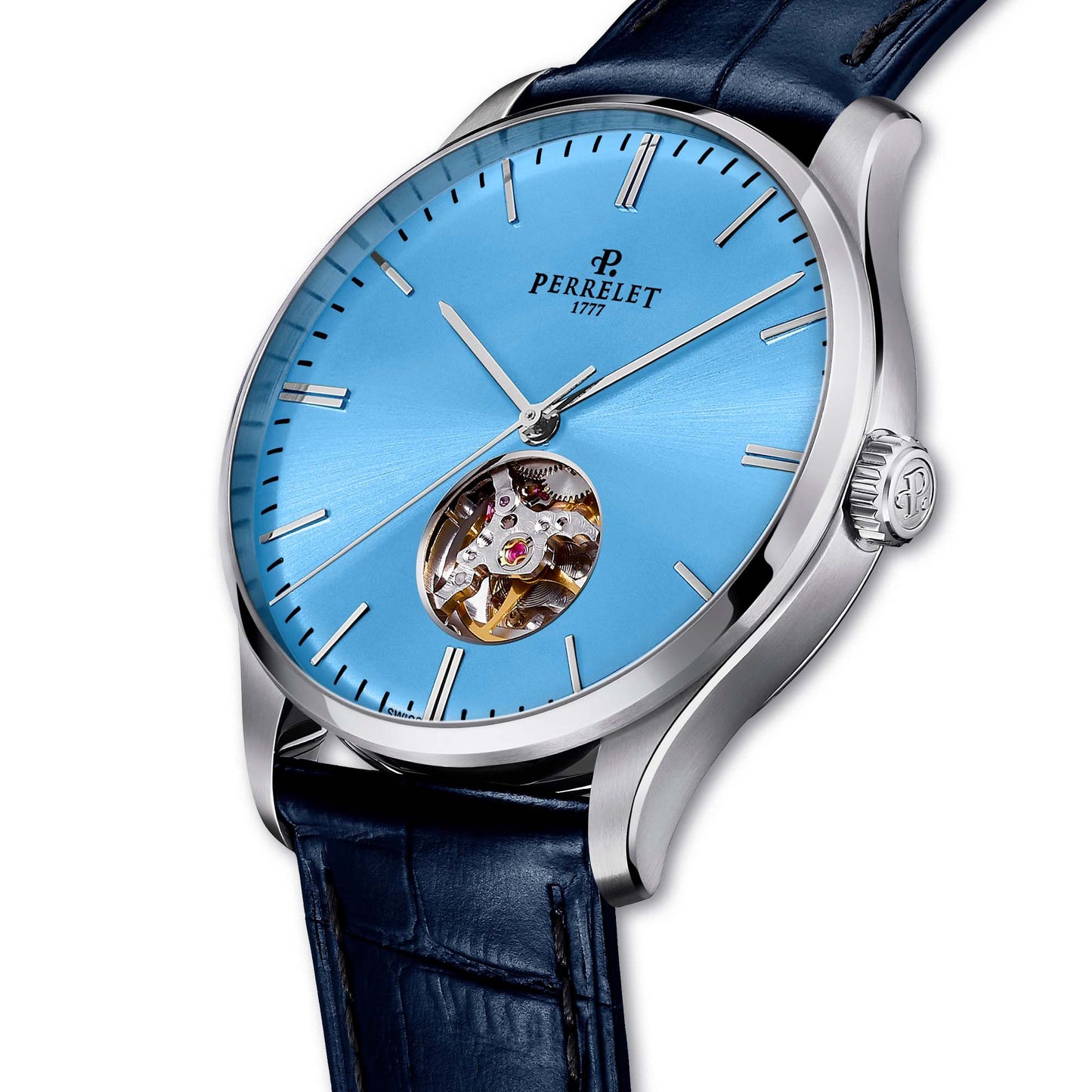Discover the Perrelet A1302/A – ice blue elegance, open heart mechanics, and Swiss precision in a sleek case.