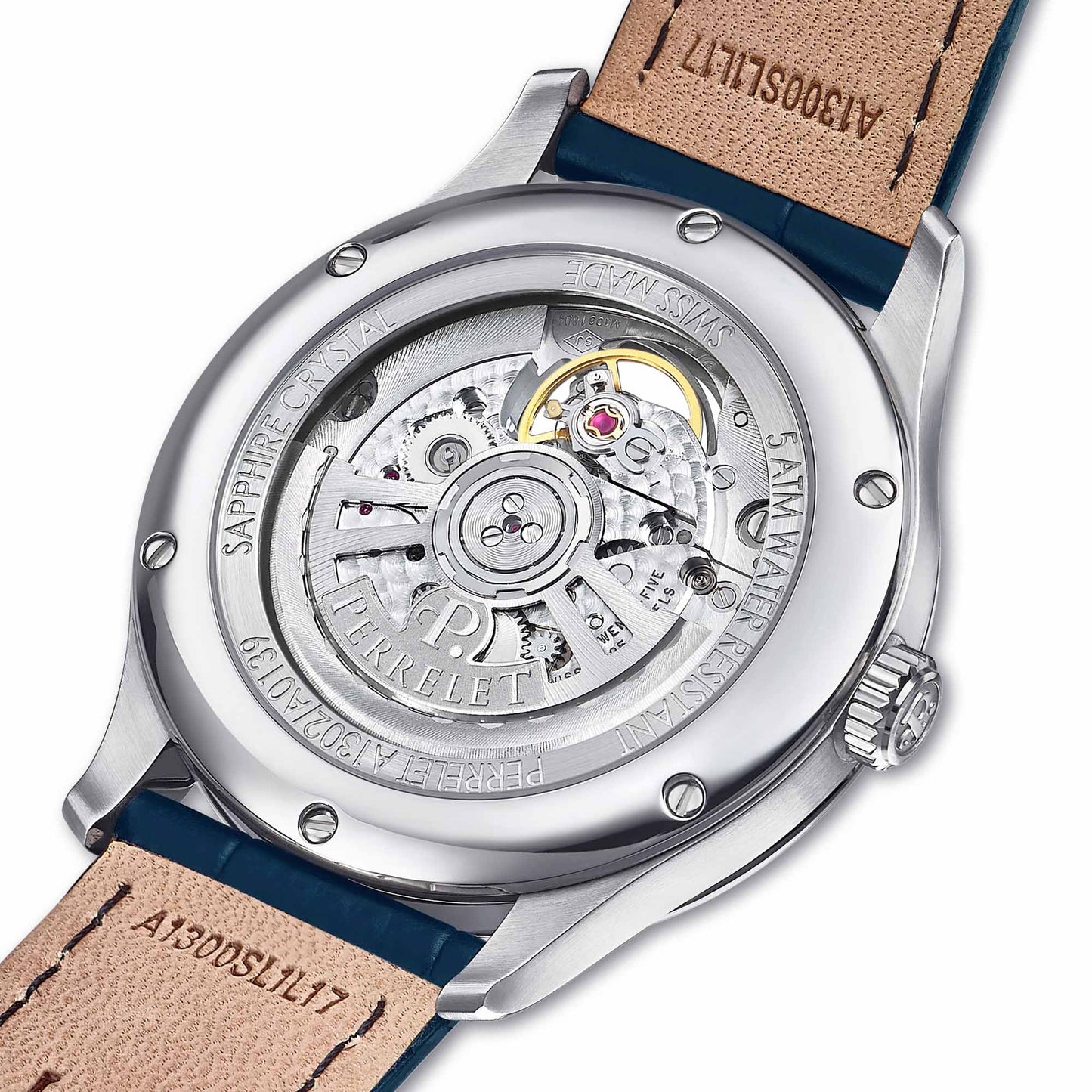 Perrelet WEEKEND A1302/A features a striking ice blue dial with open heart display and automatic movement.