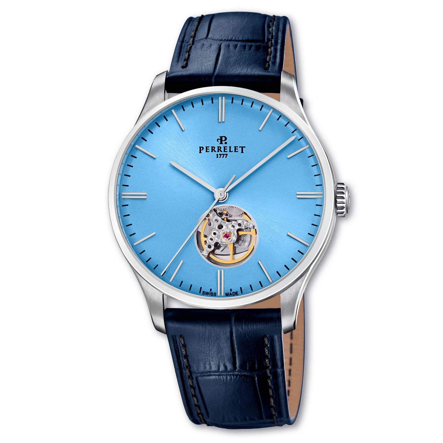 Perrelet A1302/A showcases an ice blue open heart dial with Swiss automatic movement and timeless design.