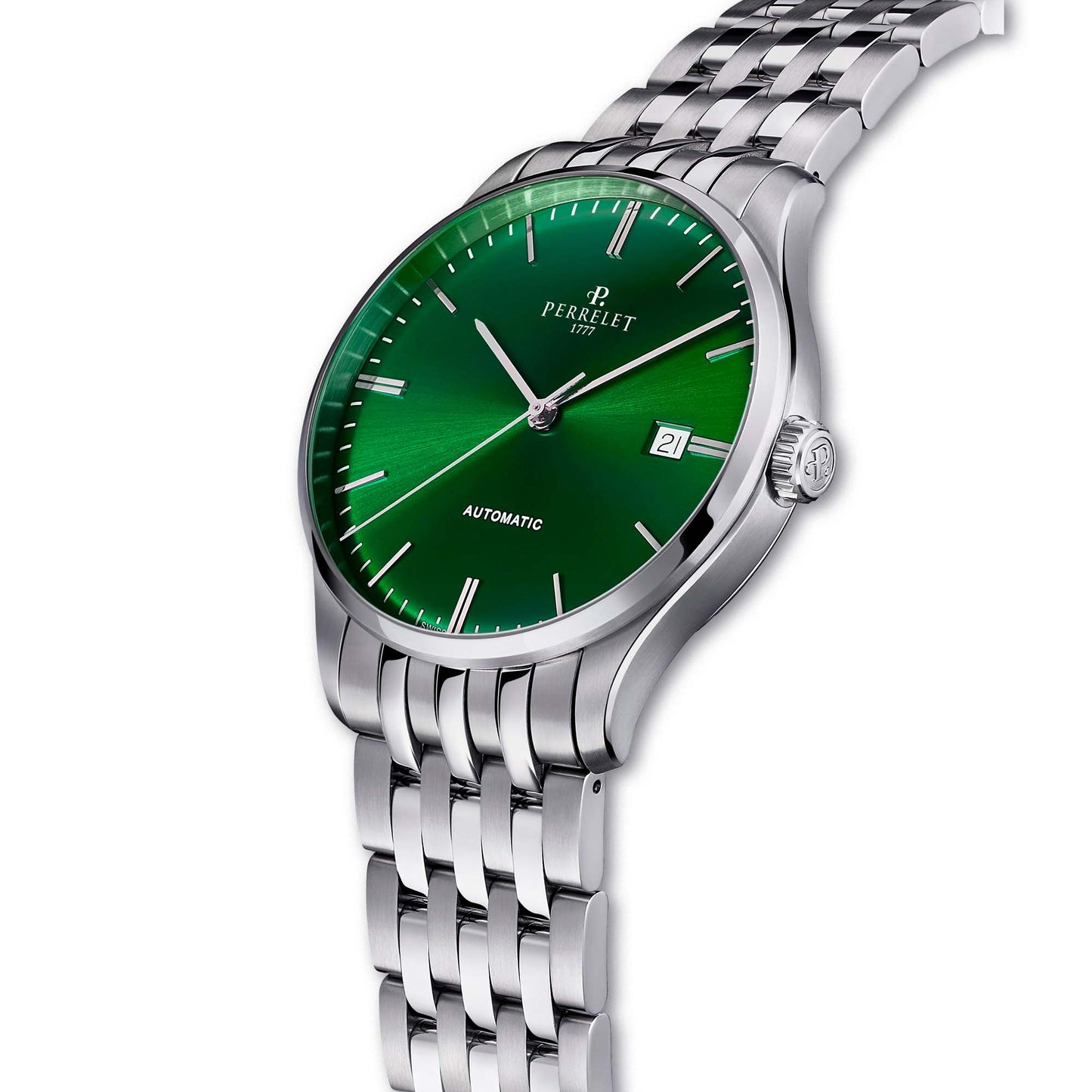Perrelet A1300/9 showcases a bold green dial and Swiss automatic movement in a sleek, timeless design.