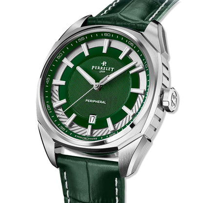 Experience the LAB Peripheral A1100/5 by Perrelet. A green-dial masterpiece featuring a 3-hand layout, peripheral rotor movement, and contemporary Swiss design.