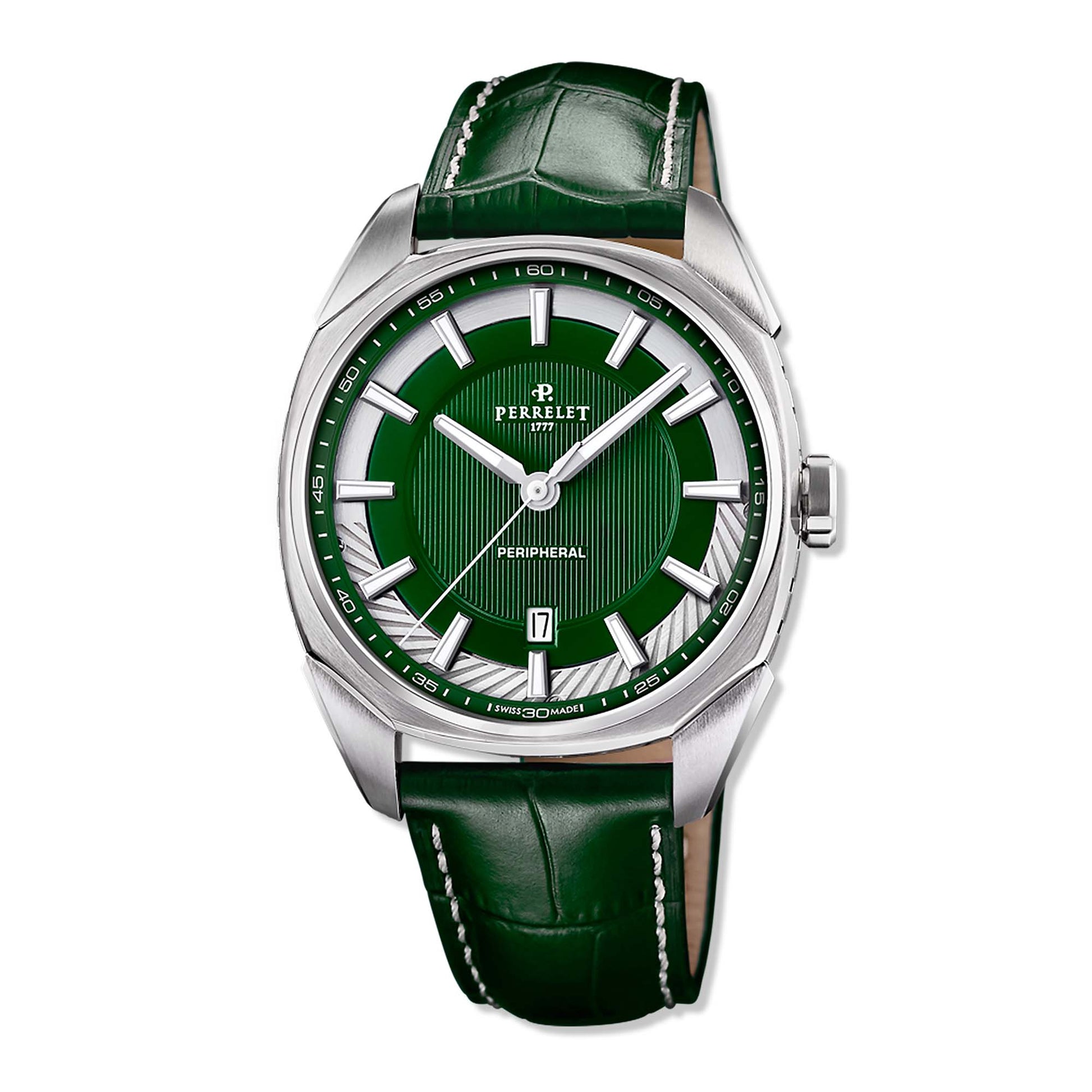 Discover the Perrelet LAB Peripheral A1100/5 with its signature green dial and sleek 3-hand display. A modern take on Swiss mechanical innovation and elegance.