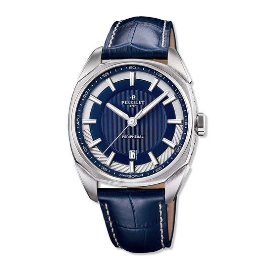 Explore the Perrelet LAB Peripheral A1100/4 with a radiant blue dial and sleek 3-hand display. A bold fusion of Swiss precision and modern elegance.