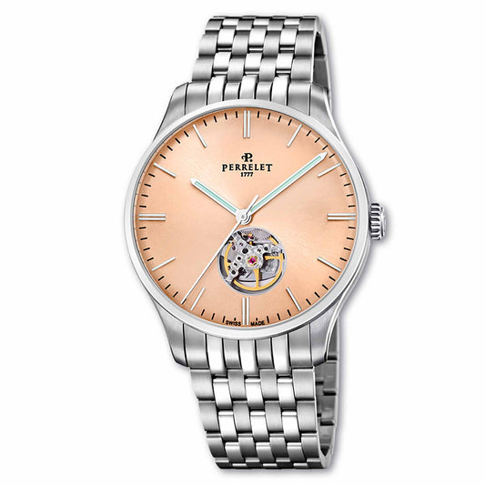 Perrelet A1302/D features a warm salmon open heart dial, blending vintage charm with Swiss automatic precision.