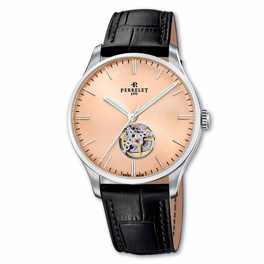 Perrelet A1302/E blends a salmon open heart dial with Swiss automatic movement for a touch of refined vintage flair.