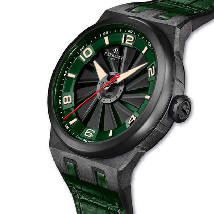 Perrelet A4065/4 delivers high-tech carbon fiber style with the iconic spinning turbine and forest green details.