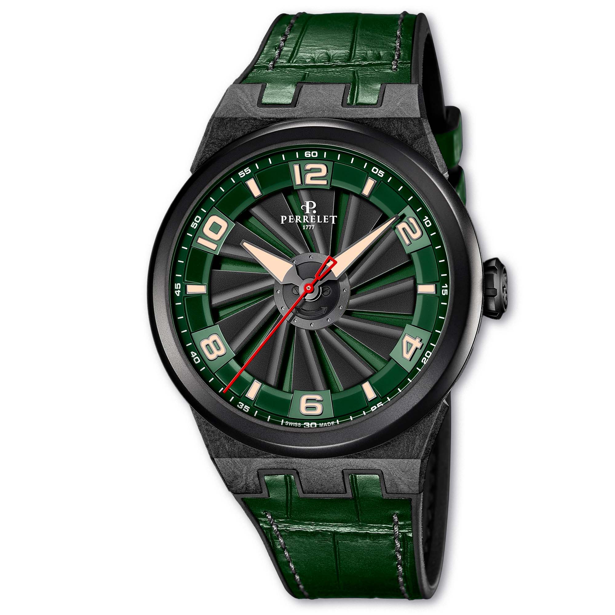 Perrelet A4065/4 Turbine Carbon spins with forest green flair and bold carbon fiber case design.