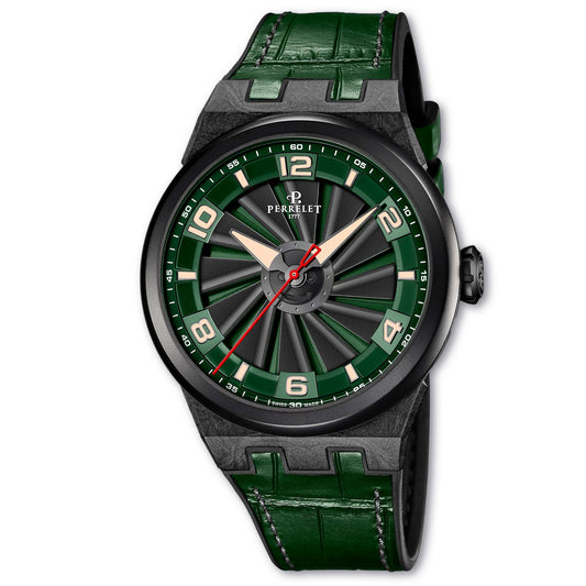 Perrelet A4065/4 Turbine Carbon spins with forest green flair and bold carbon fiber case design.