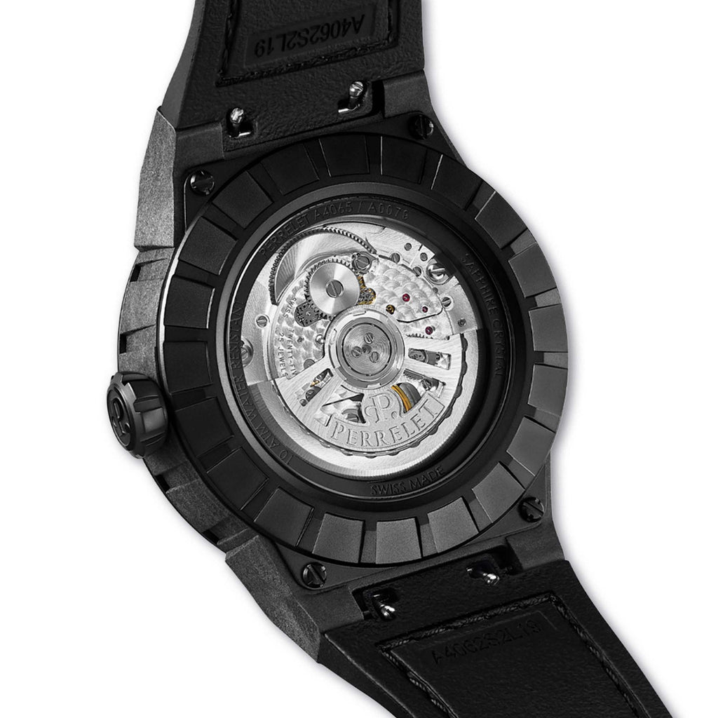 Perrelet A4065/5 delivers kinetic energy and Swiss precision with a carbon case and icy blue turbine blades.