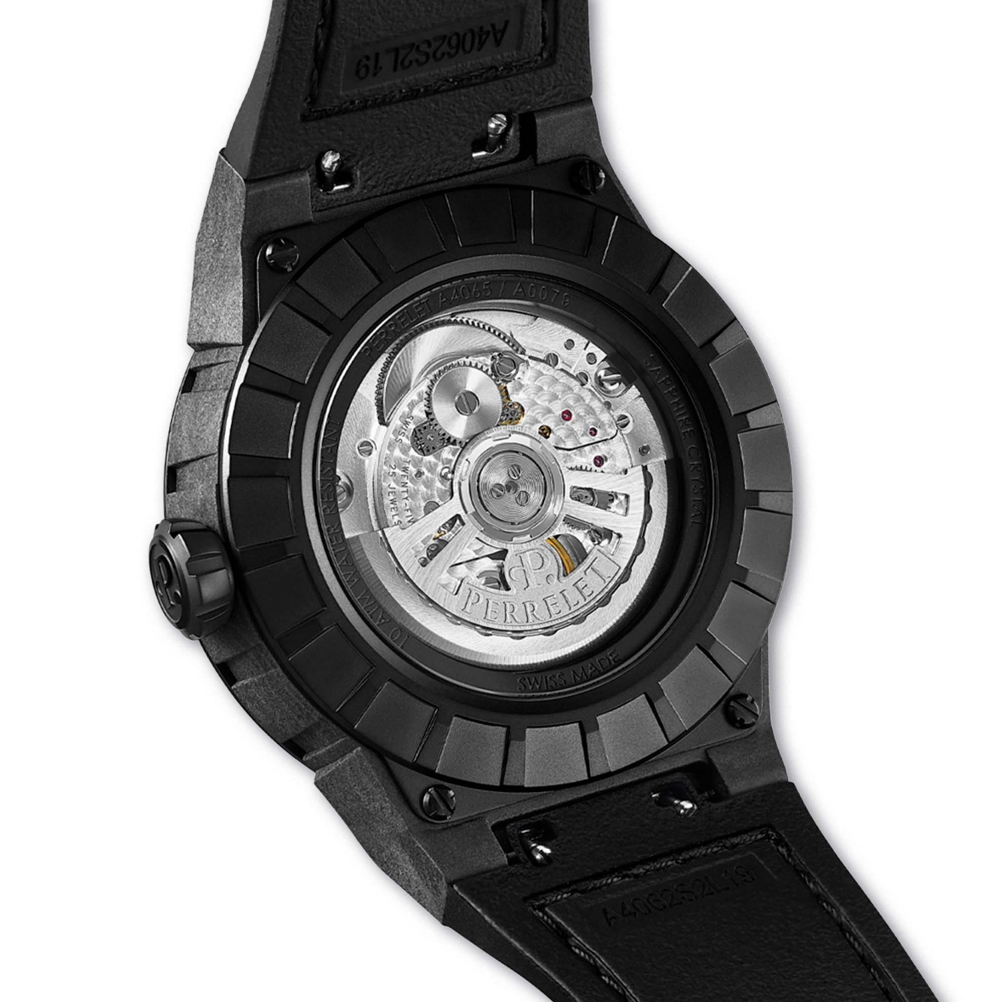 Perrelet A4065/5 delivers kinetic energy and Swiss precision with a carbon case and icy blue turbine blades.