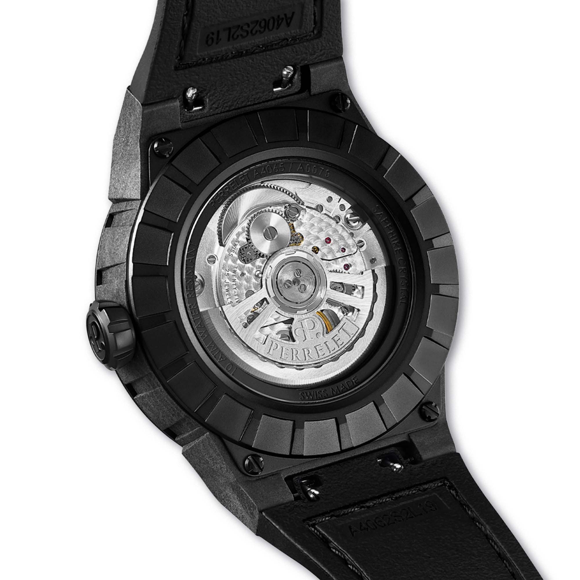 Perrelet A4065/5 delivers kinetic energy and Swiss precision with a carbon case and icy blue turbine blades.