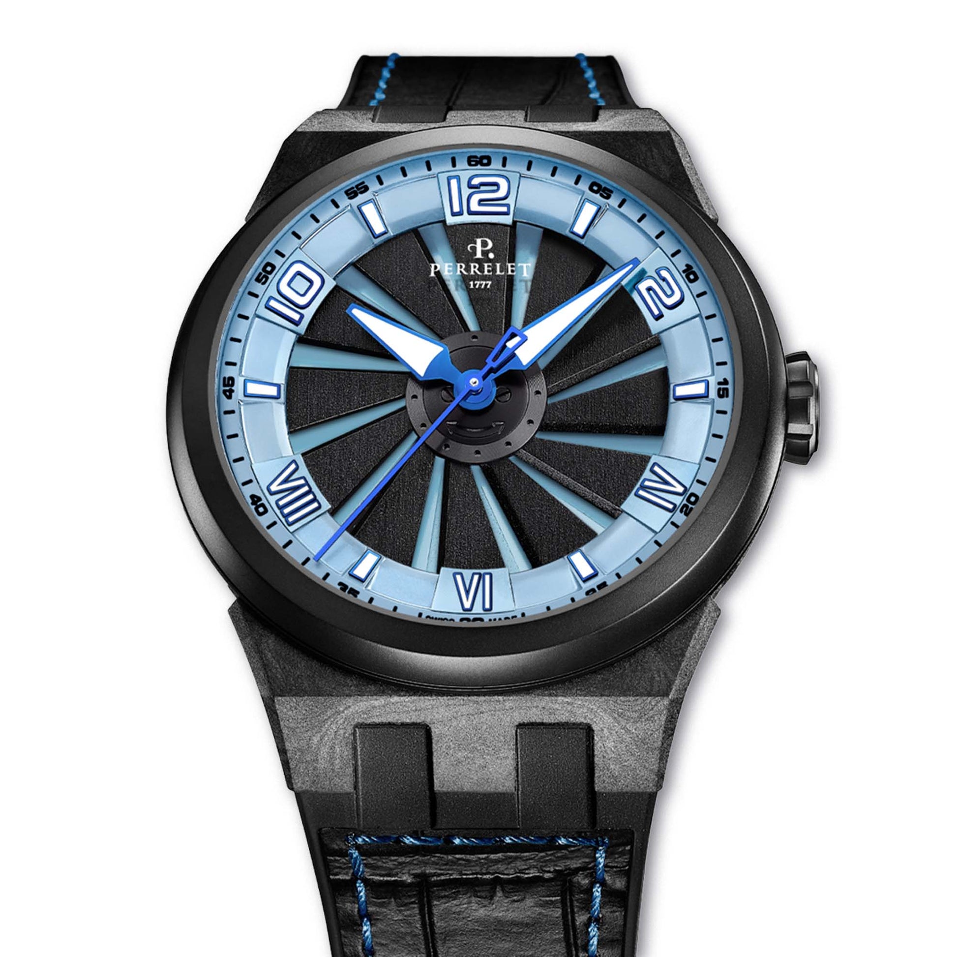 Ice blue meets innovation in the Perrelet TURBINE A4065/5 – carbon construction and spinning dial power.