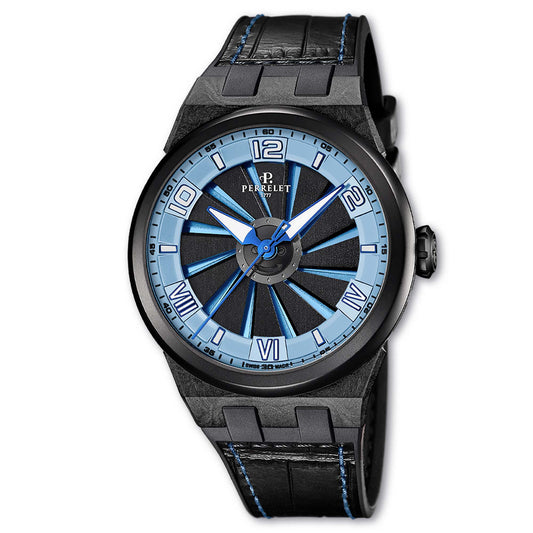 Perrelet A4065/5 fuses carbon tech with an ice blue turbine dial – bold, kinetic, and unmistakably modern.
